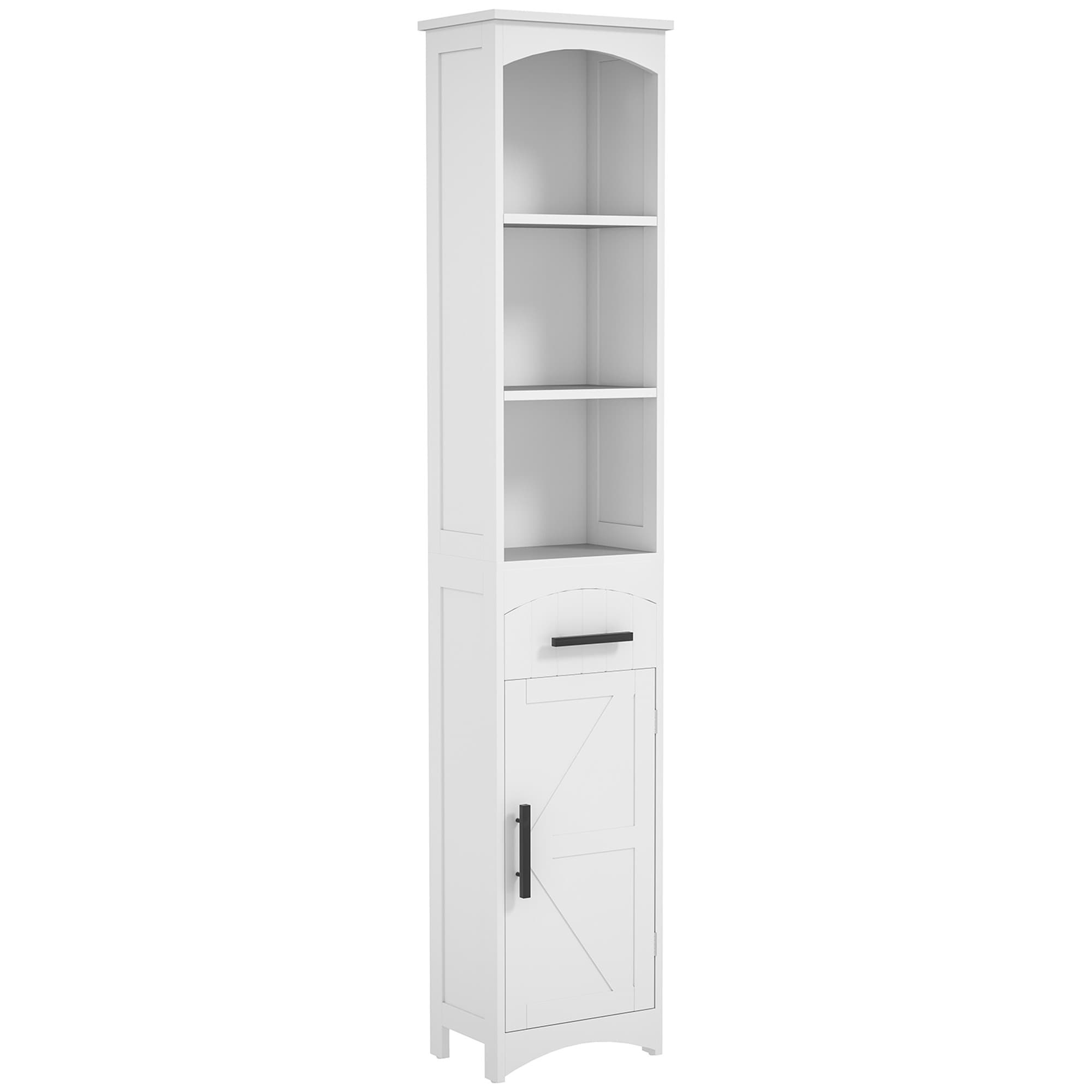 MOEPISY White Farmhouse Slim Narrow Freestanding Linen Cabinet Vertical Bathroom Storage Cupboard with Pull Out Bin Barn Panel for Small Space Restroom Laundry Hallway