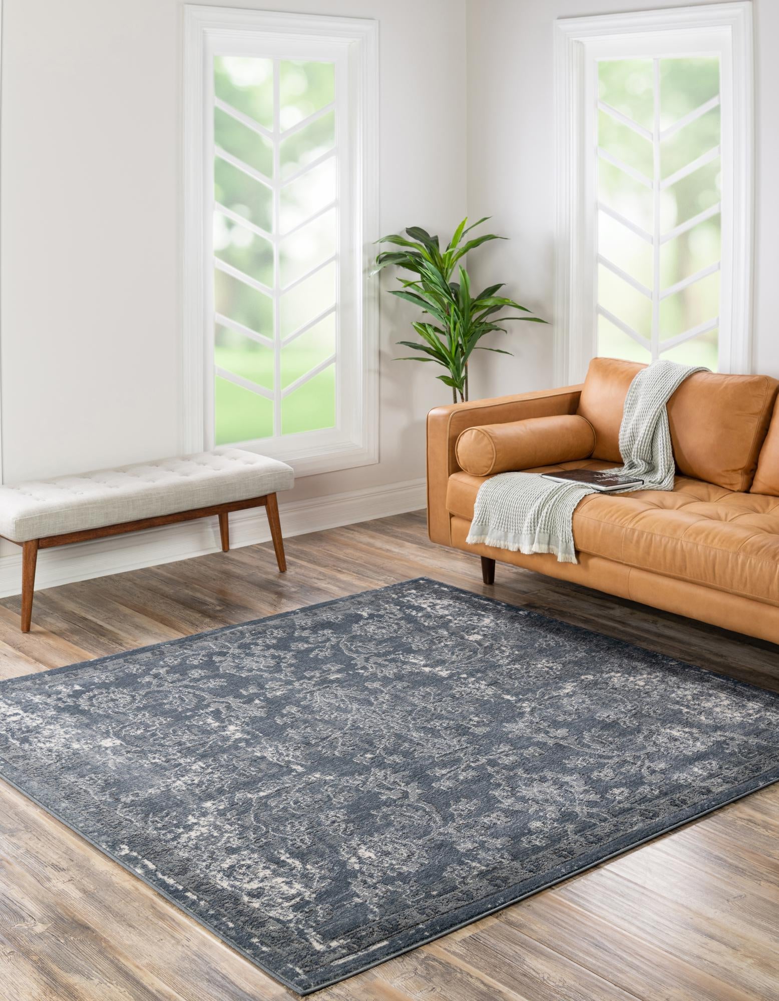 Unique Loom 3198153 Portland 10 x 10 (ft) Loomed Polypropylene Blue Square Indoor Floral/Botanical Area rug