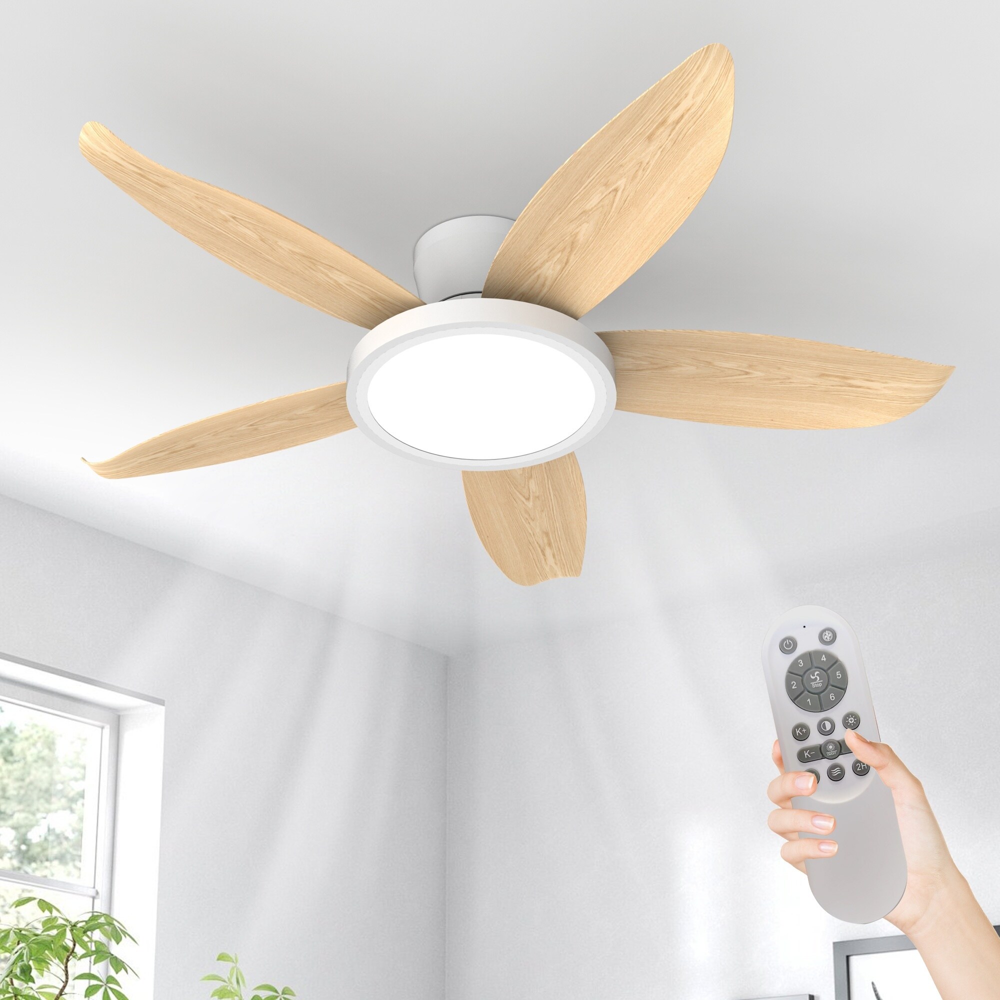 UOI 42 inch Oak Natural Wood and Off White ABS Plastic Ceiling Fan with ...