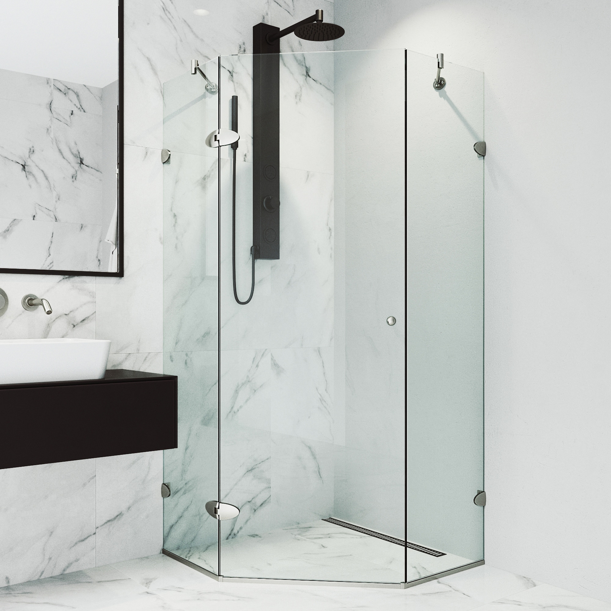 VIGO VG6061BNCL40 Verona Brushed nickel 38-in W x 73-in H Frameless Corner Neo Angle Hinged Shower door 3/8-in Thick Clear Glass