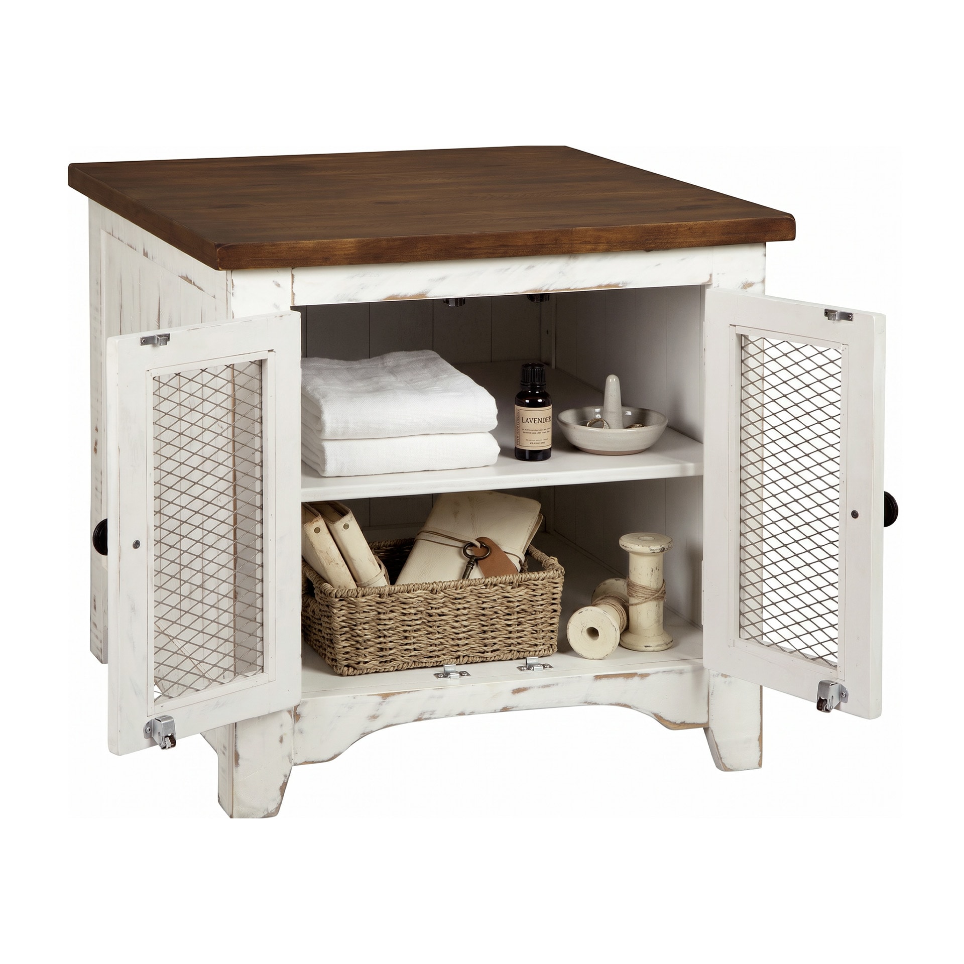 Signature Design by Ashley Wystfield White and Pine Rectangular End Table with Metal Grill Cabinet Doors