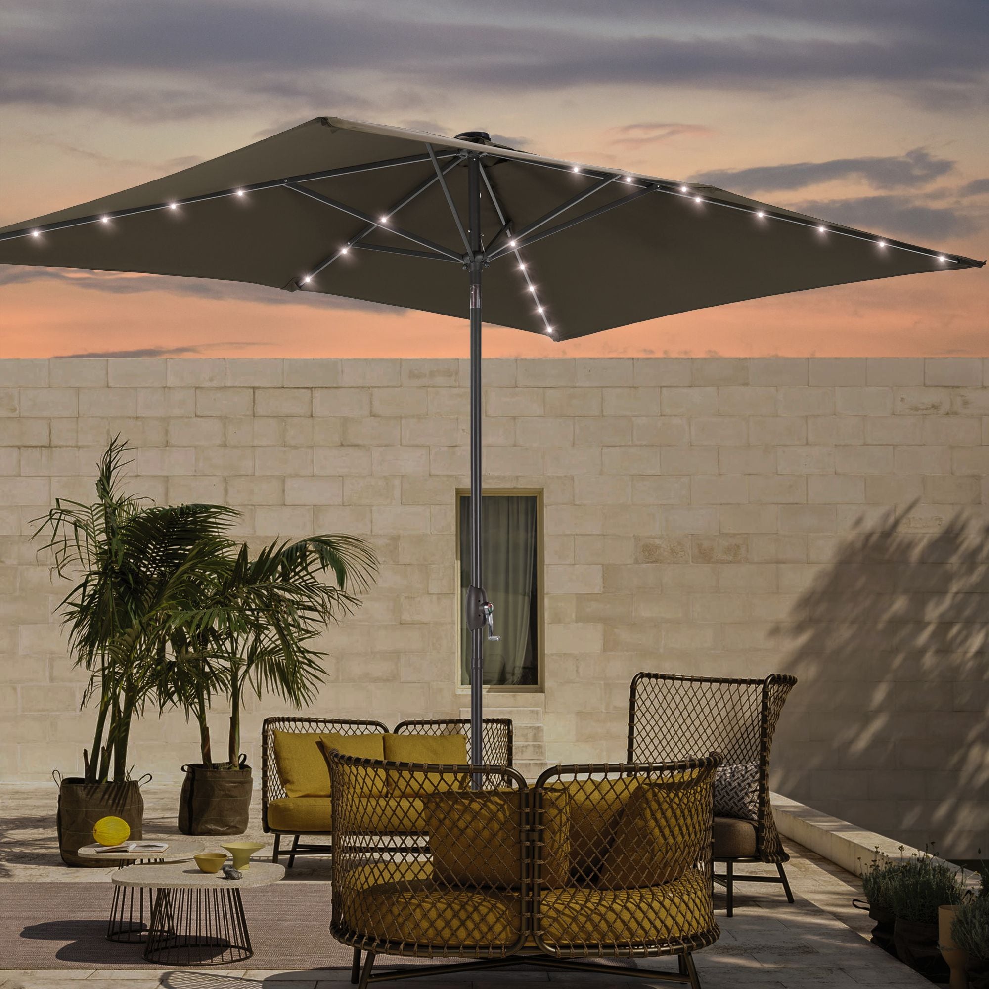 Sonkuki SD-S103TP-LED 9-Feet Steel Tan Push-button Tilt Market Patio Umbrella with Lights and