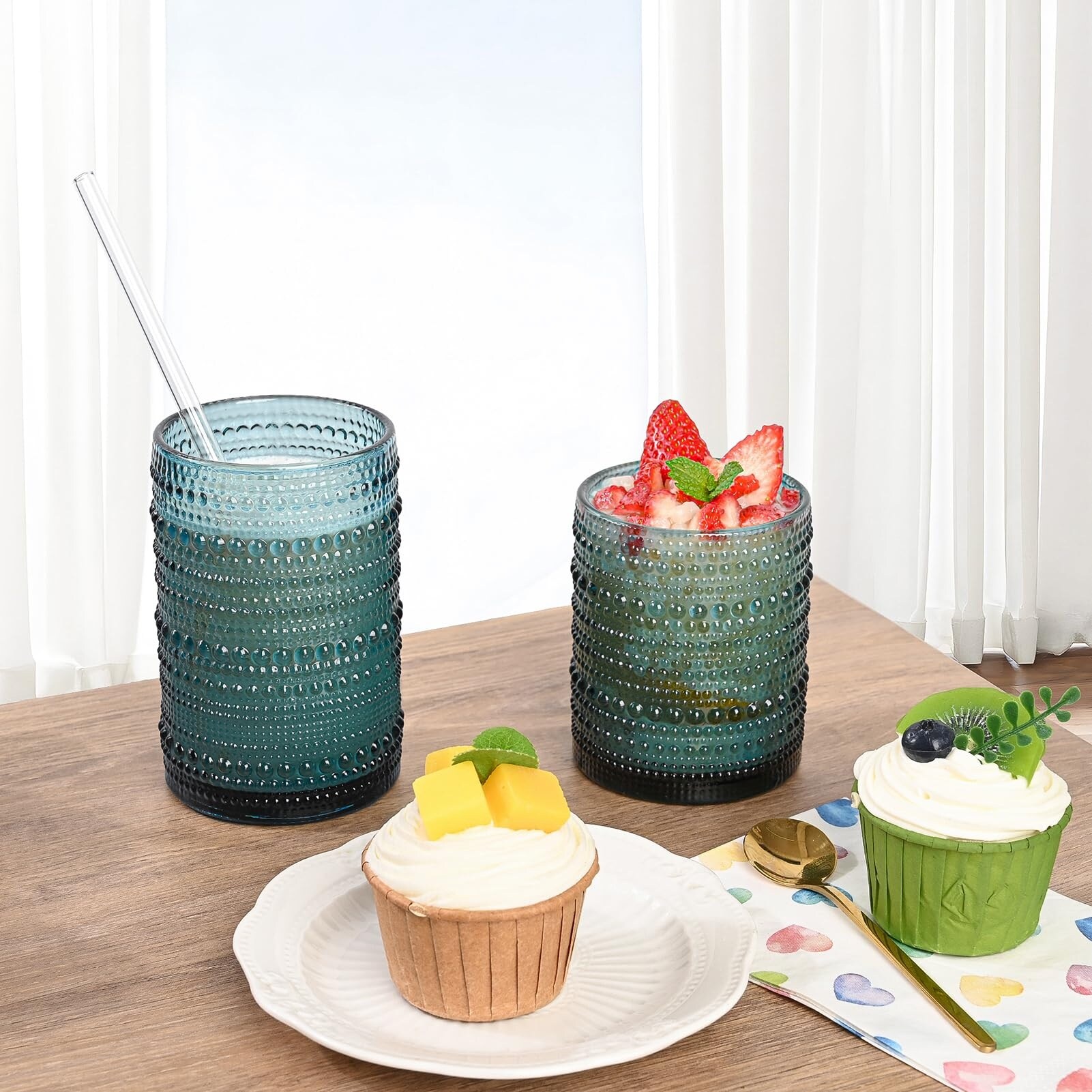 Aoibox Vintage Blue Hobnail Glass Cups Set of 12 12 Oz and 15 Oz Tumblers with Straws for Home Use #LABKIIYS