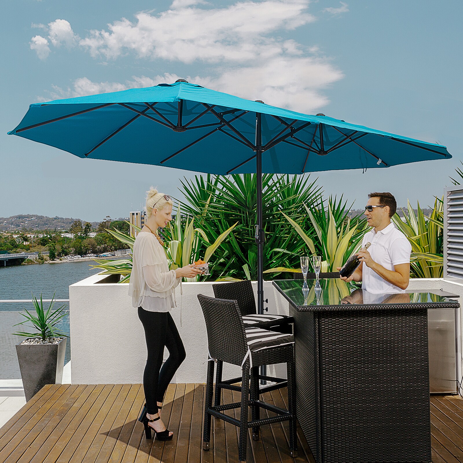 15 ft patio umbrella outdoor umbrella with crank & base Large 36 Solar LED Light, Double Sided Rectangle with Handle for Patio, Backyard, Garden, Pool, without The solar 15ft Patio Umbrella Double-Sided Outdoor