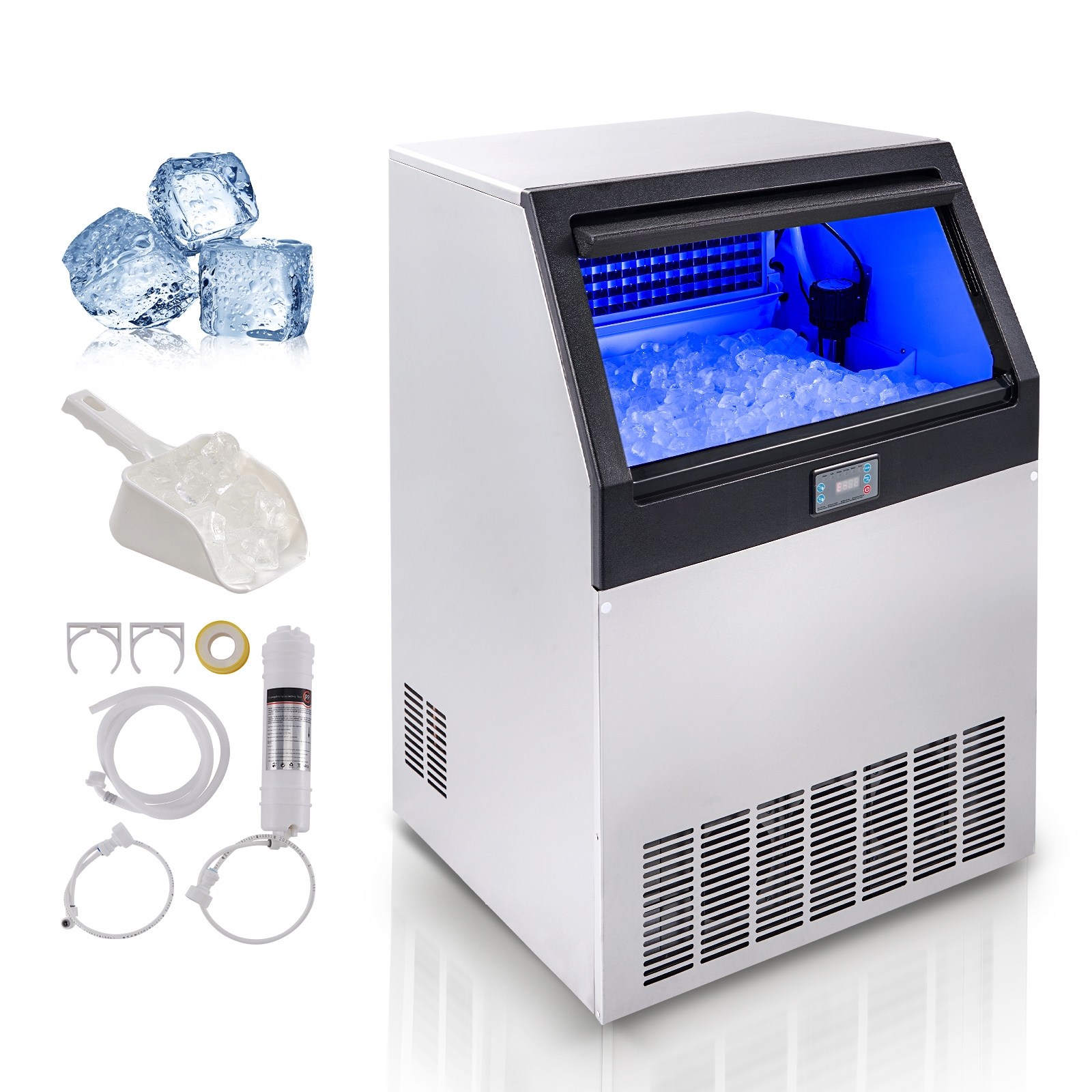VEVOR SCSYYTSFBZBJ07310V1 Commercial Ice Maker 200lbs/24H Ice Maker Machine 90 Ice Cubes in 12-15 Minutes Freestanding Cabinet Ice Maker with 66lbs Storage Capacity LED Digital Display for Bar Home Office Restaurant