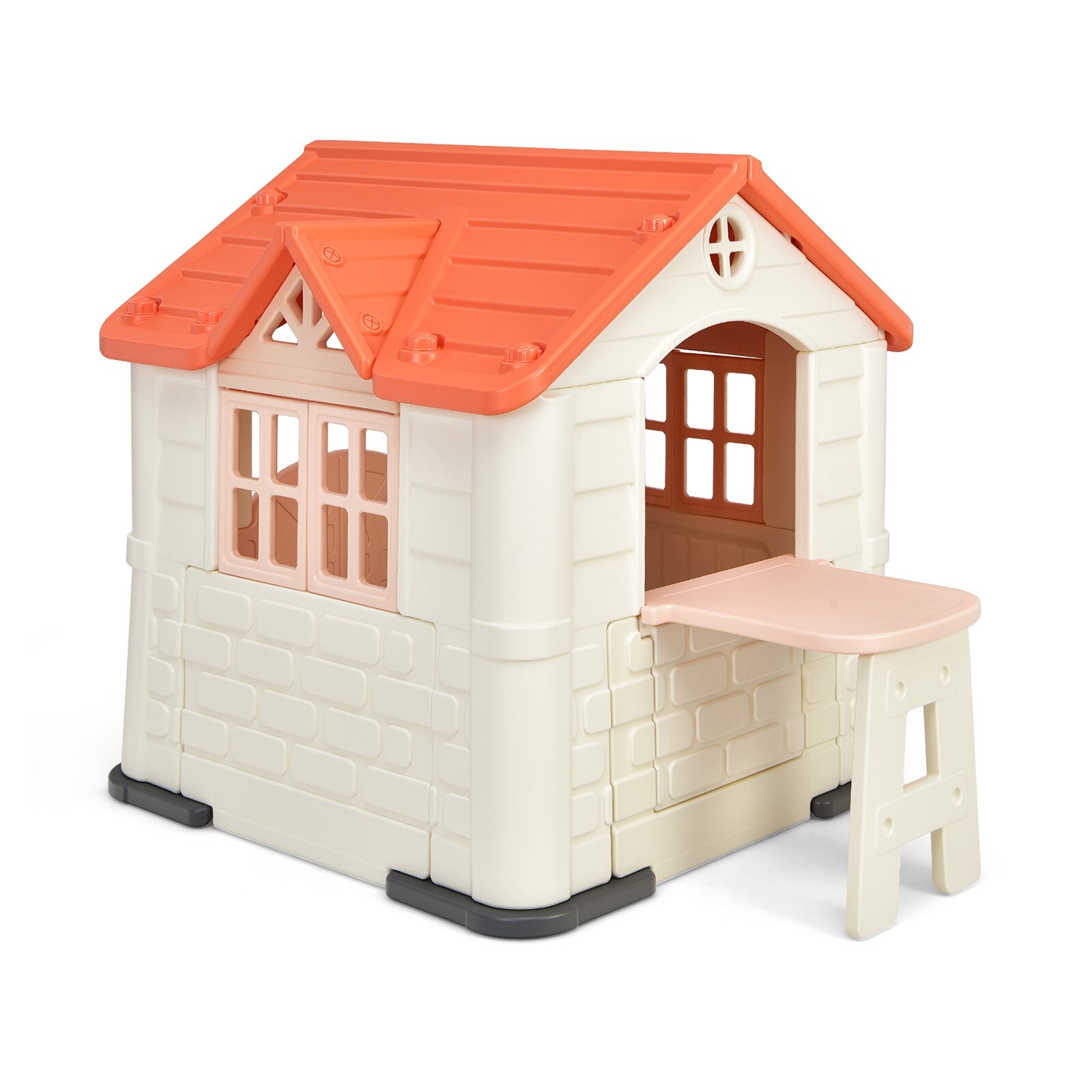 Slickblue Kids Outdoor Playground Set with Playhouse 2 in 1 Pink Backyard Activity Set with Picnic Table and Accessories for Ages 3 to 8