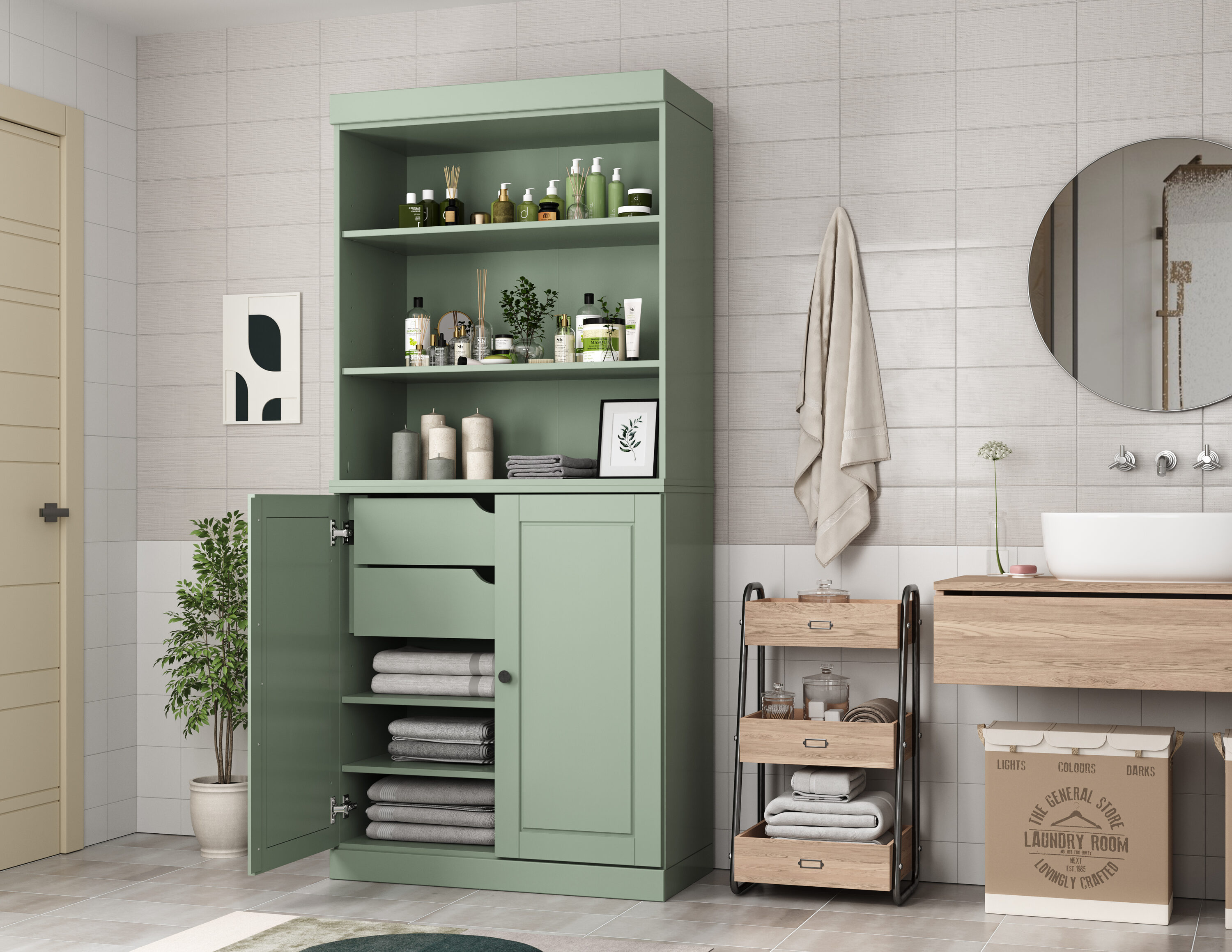 Palace Imports 32-in W Solid Wood Tall Modular Raised Panel Bathroom Linen Laundry Room Storage Cabinet with 2 Drawers
