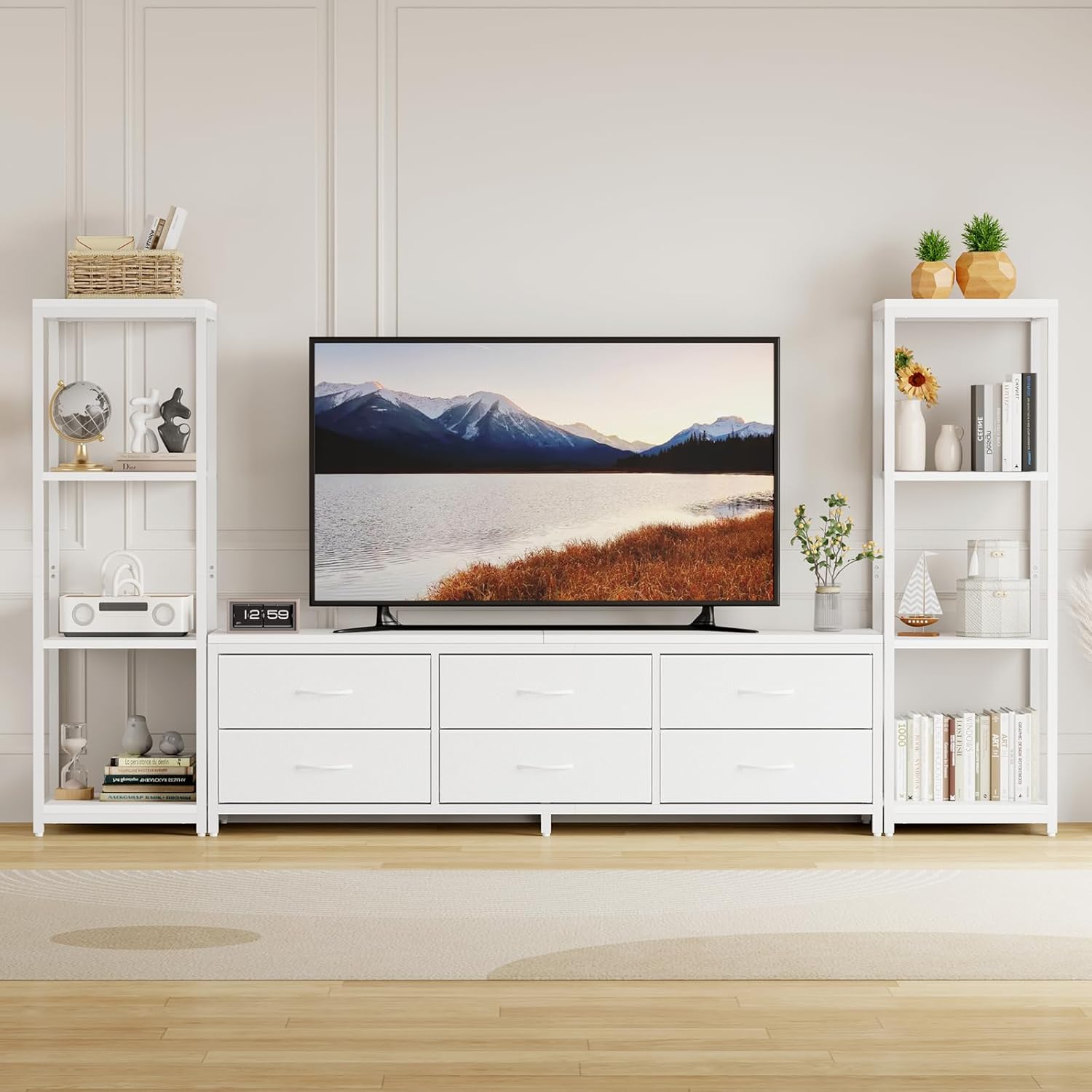 Garvee TV Stand Dresser for 75 Inch TV Large Entertainment Center with Fabric Drawers 4 Tier Storage Shelves Modern Industrial TV Console for Living Room White 6 Drawers
