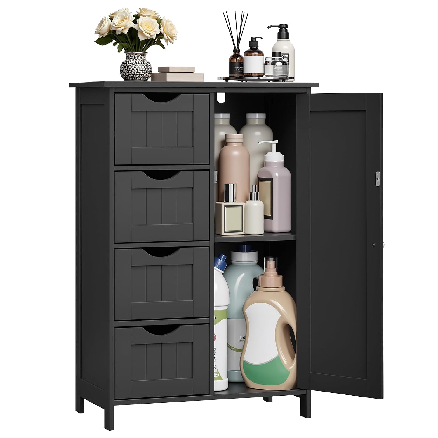 Fredees Freestanding Floor Storage Cabinet with 4 Drawers and Adjustable Shelf 11.8 x 21.7 x 32.3 Inches for Bathroom Living Room Kitchen and Hallway