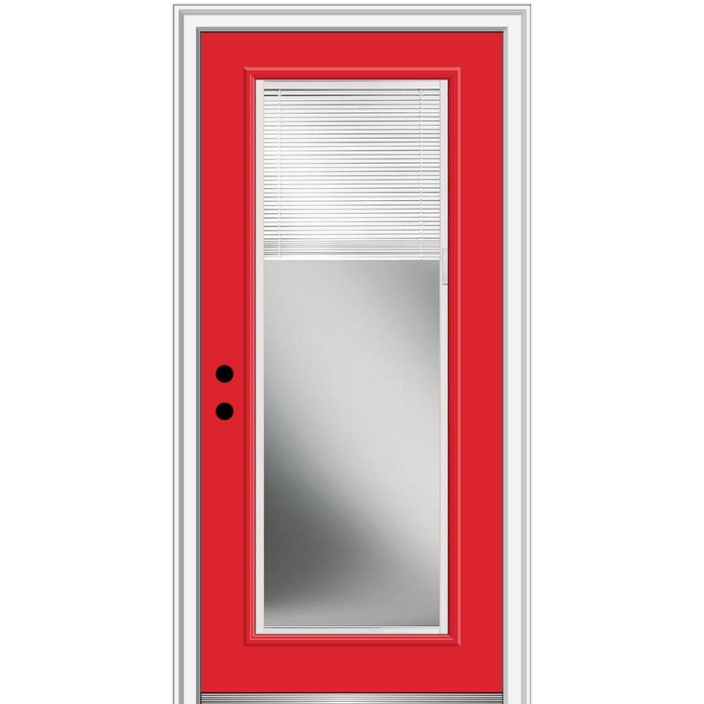 MMI DOOR ZZ24883R 32-in x 80-in x 6-9/16-in Fiberglass Full lite Right-hand inswing Red Saffron Painted Prehung Front Door with Brickmould Insulating core with Blinds