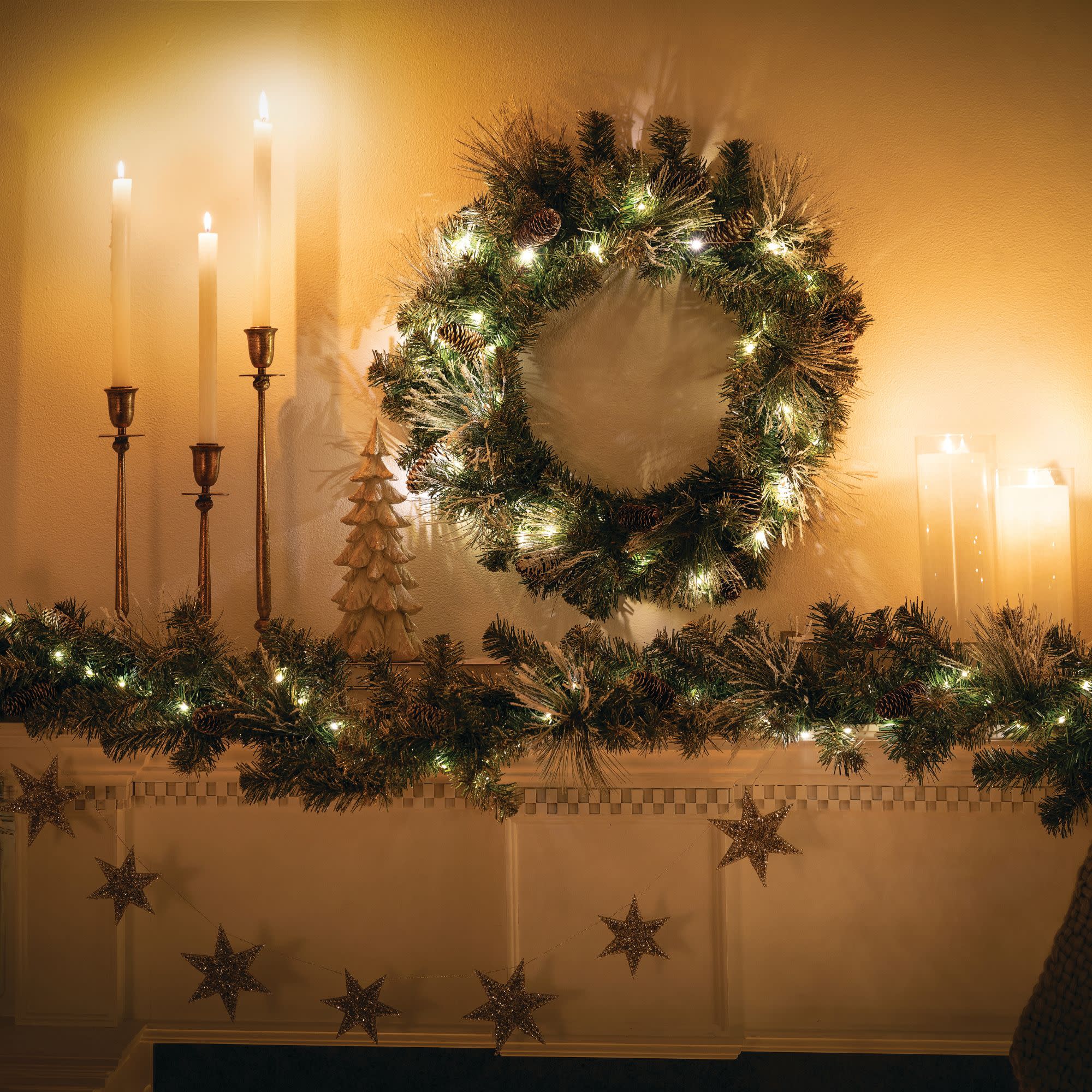 9-Foot Pre-lit Flocked Pine Christmas Garland with Pinecones and Gold Accents