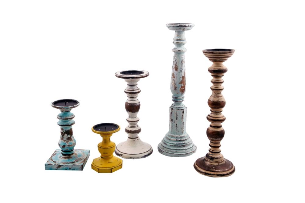 Set of 5 Rustic Candlestick Pillar Holders ~ Antiqued Colorful Distressed Wood 