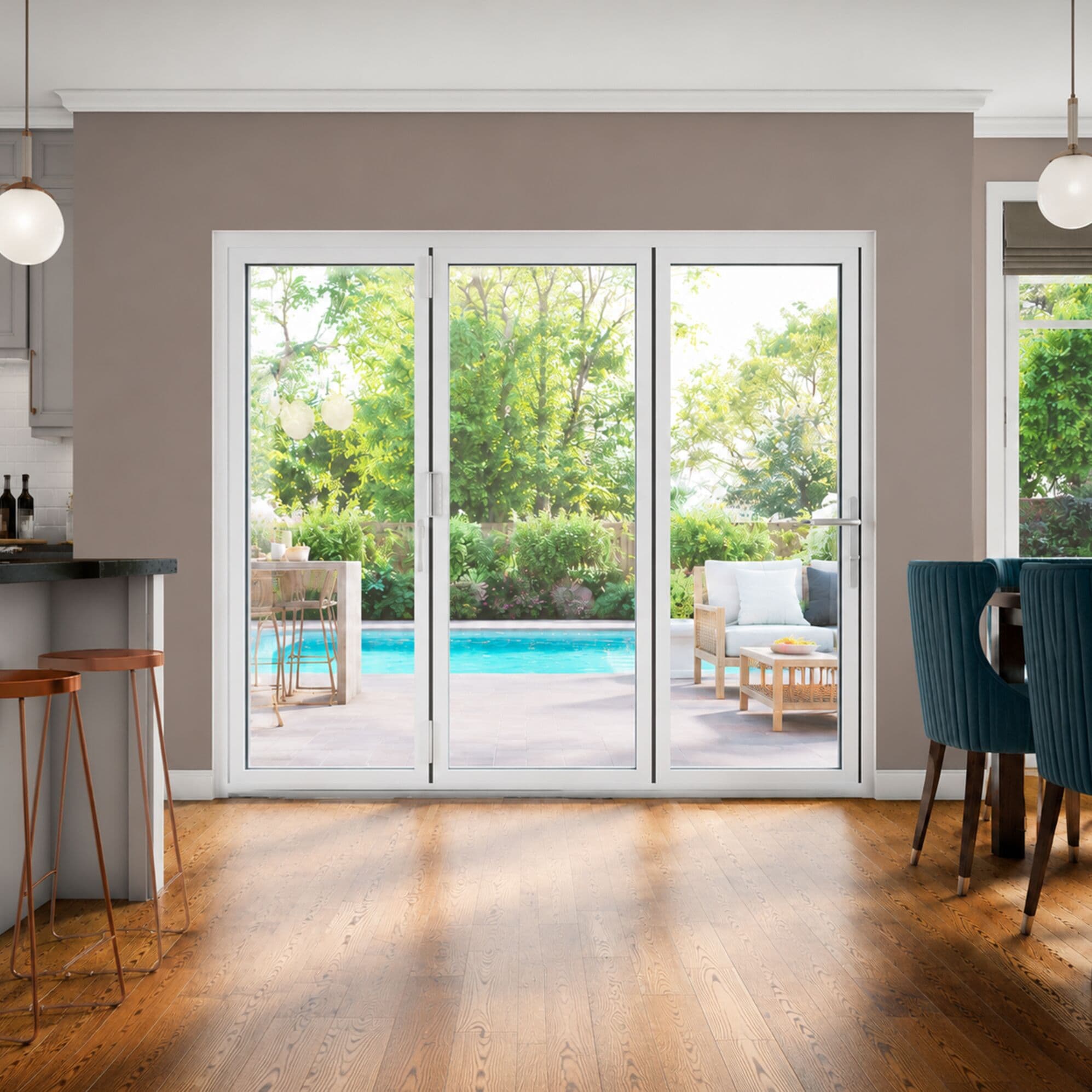 AINLARRY - 108-in x 80-in x 3-in Jamb White Aluminum Right-hand 3-panel Folding Patio Door with L...
