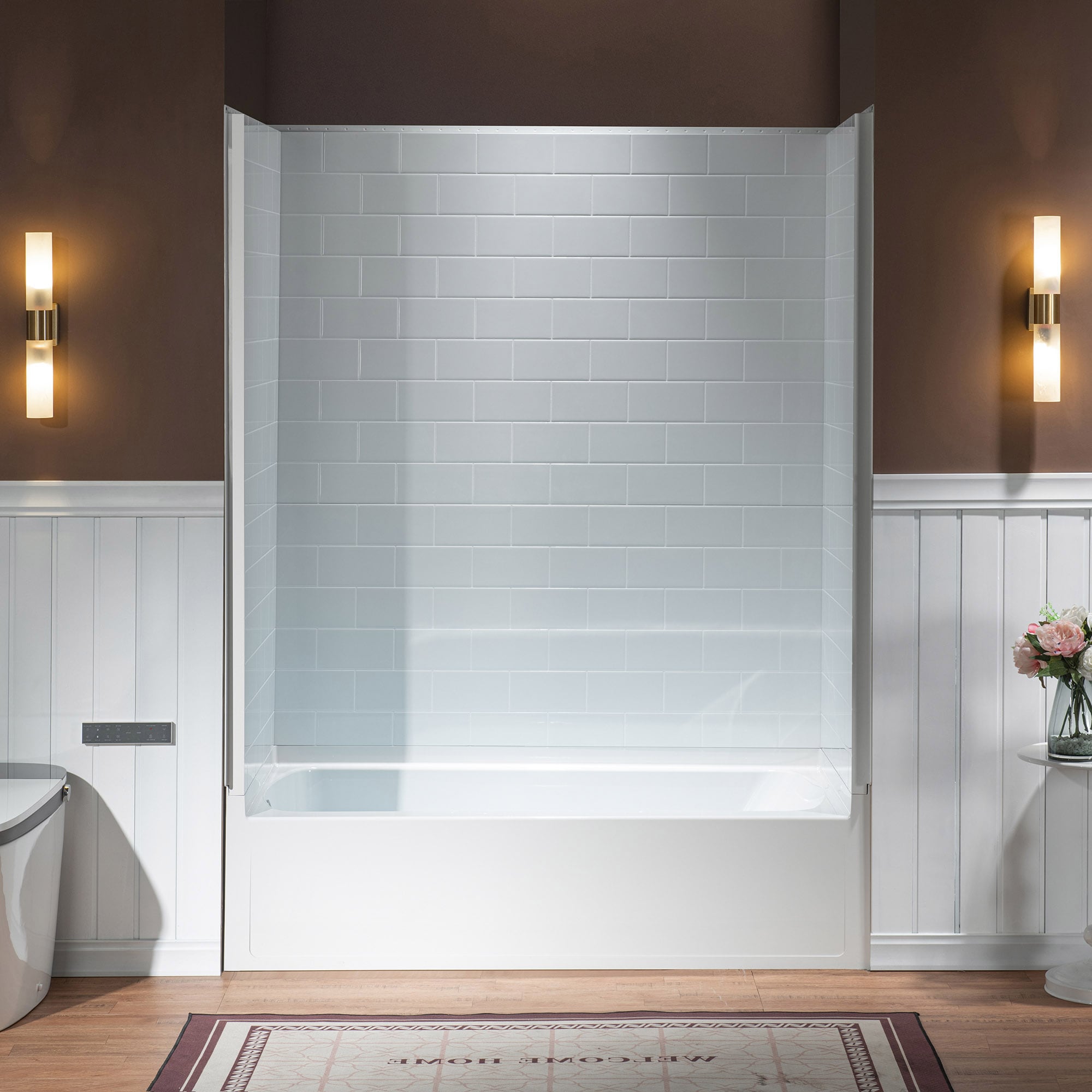 Woodbridge LSWP142 TB+BTH 60-in L x 32-in W x 64-in H High Gloss White with Left Drain Hole Tub 4 -Piece Direct to Stud/Glue Up Hybrid Bathtub Wall Panel Kit