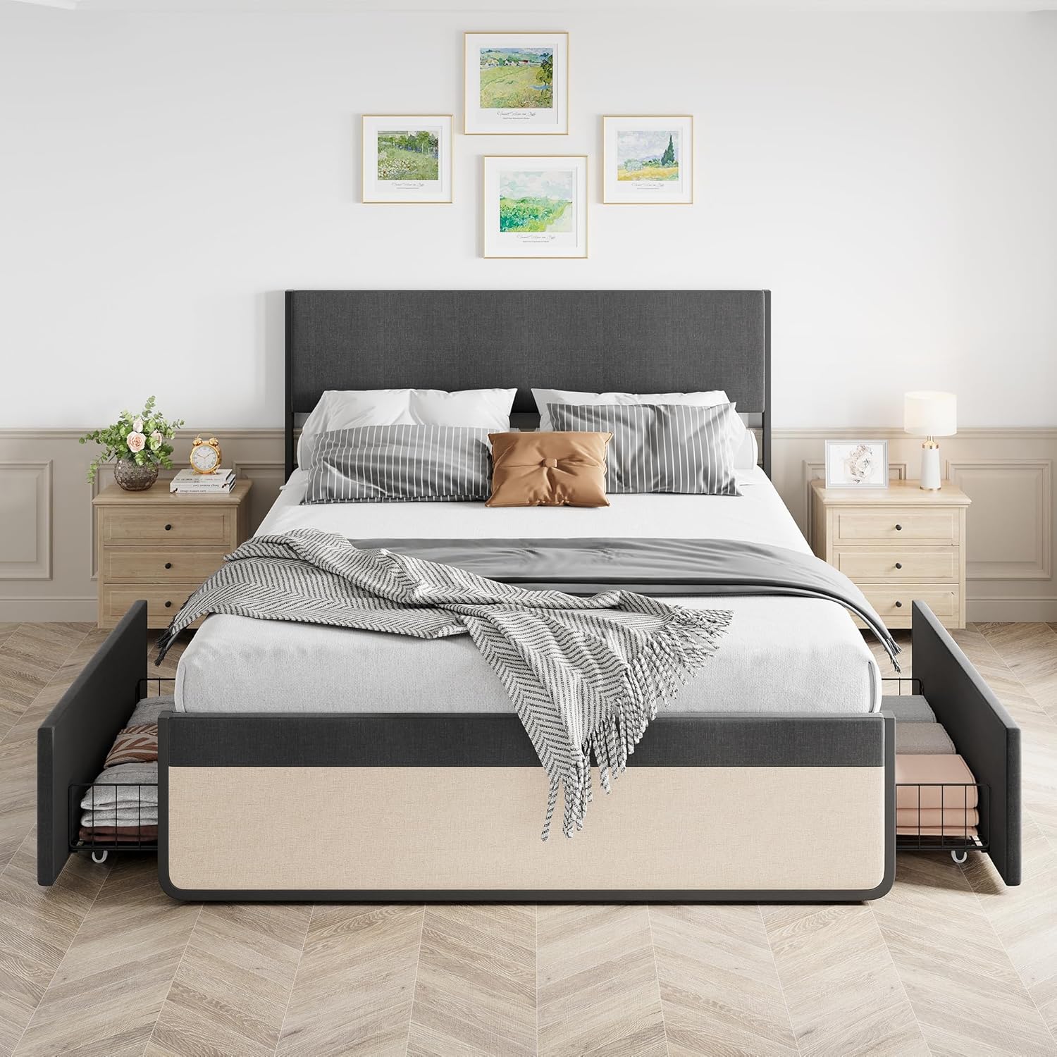 Qeetex PD-PHO-0RB40QS0 Queen Upholstered Bed Frame With Headboard-Storage Platform-2 Drawers-Footboard-Steel Slat Support-No Box Spring Needed