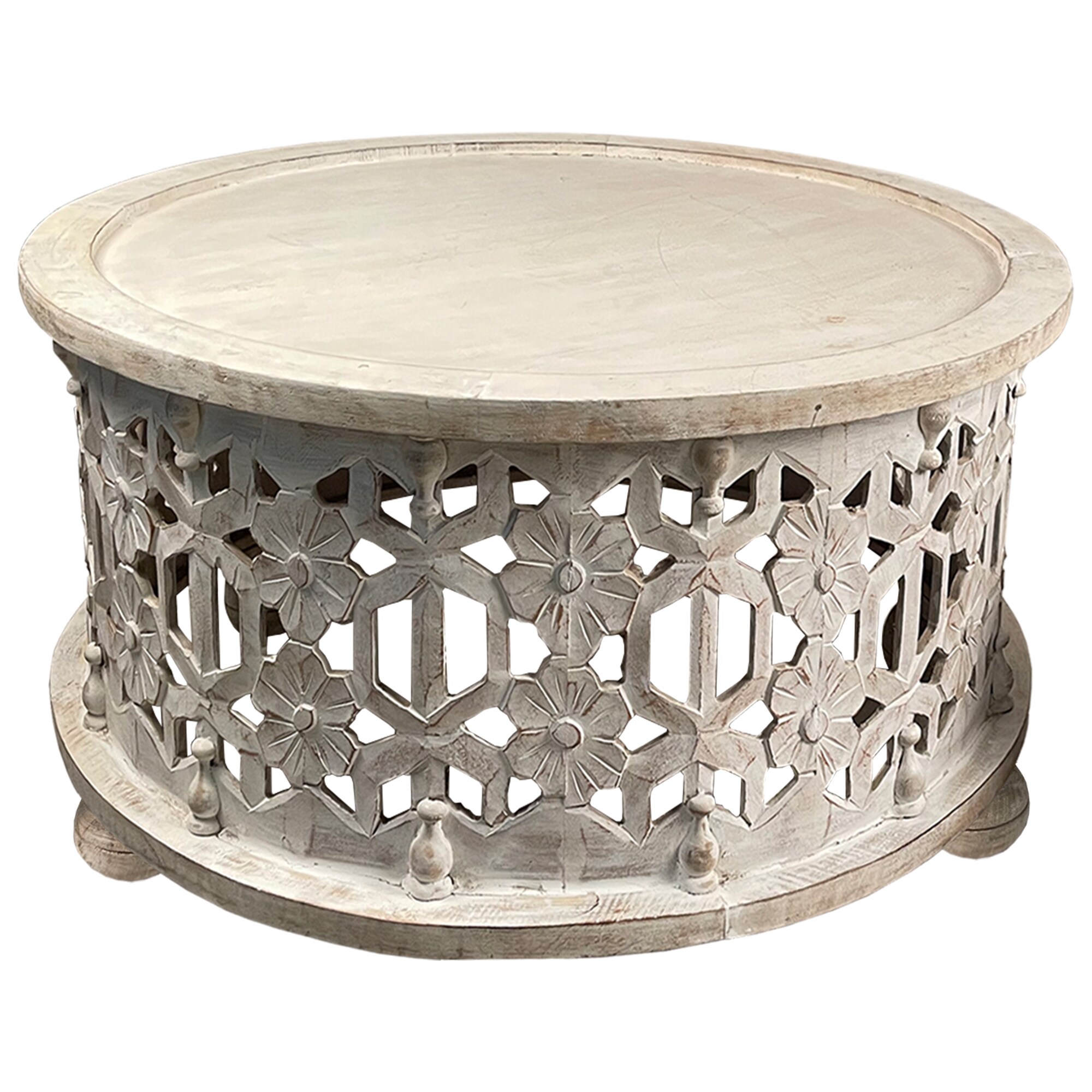 30" Antique White Carved Wood Round Coffee Table Set