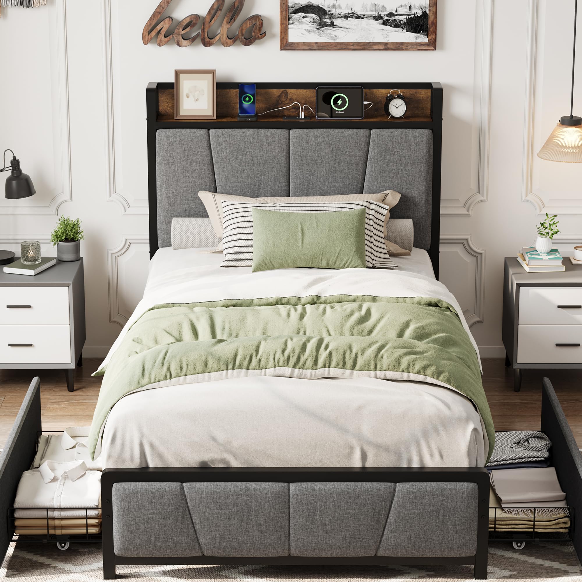 Twin XL Heather Gray Upholstered Bed Frame with Storage Drawers and Built In Power Feature