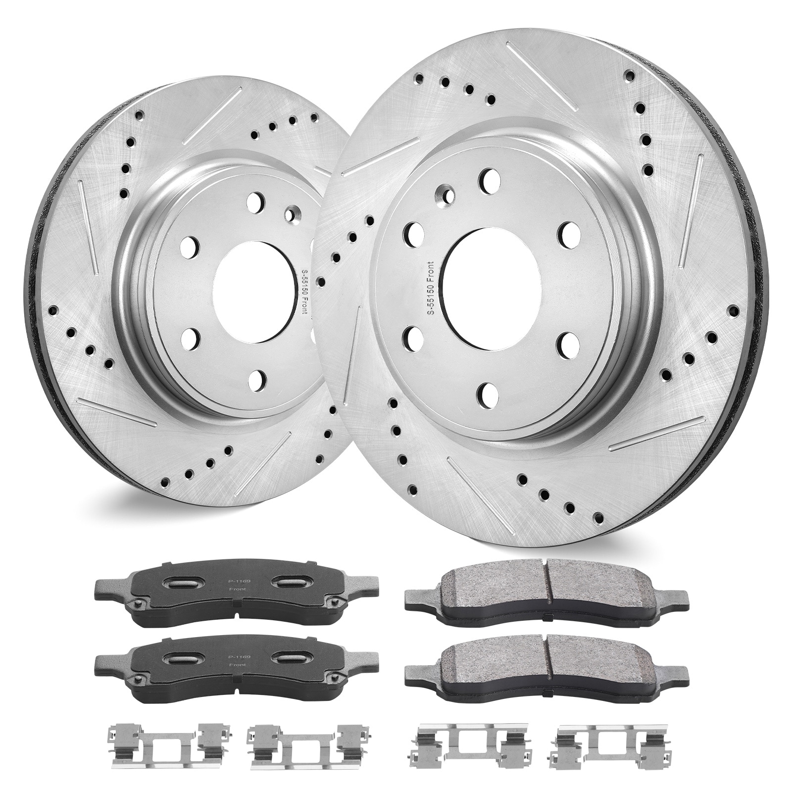 VEVOR SCQCCCPTZTRA04636V0 Front Brake Kit Compatible with 2007-2017 Chevy Traverse  Buick Enclave  GMC Acadia  Saturn Outlook  Drilled and Slotted Brake Rotors Ceramic Brake Pads Replacement Kit  12.8in Front Rotors