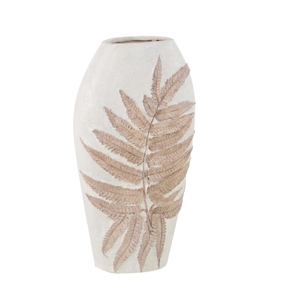 White and Beige Polystone Floor Vase with Leaf Design