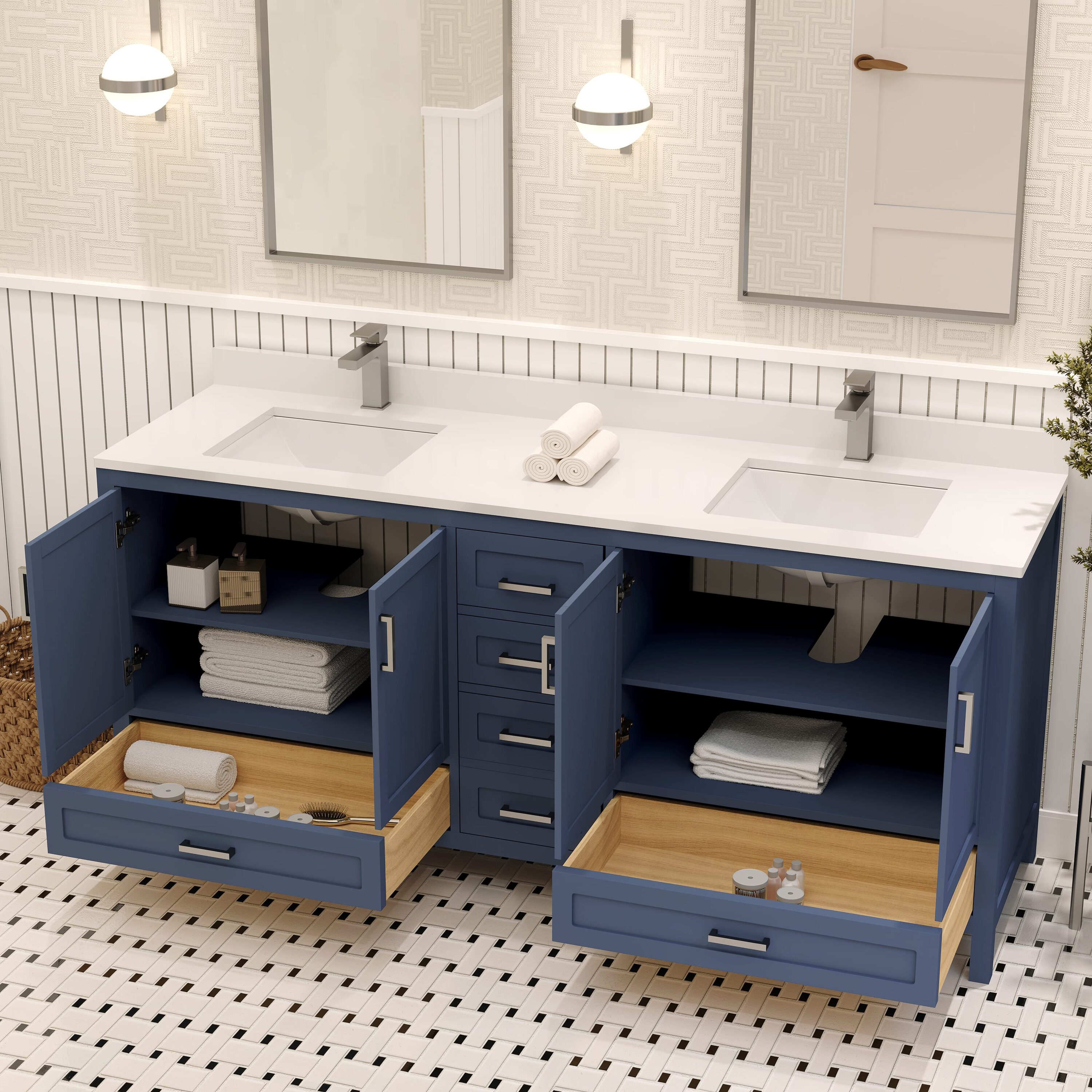 Navy Blue Solid Pine Double Bathroom Vanity Base