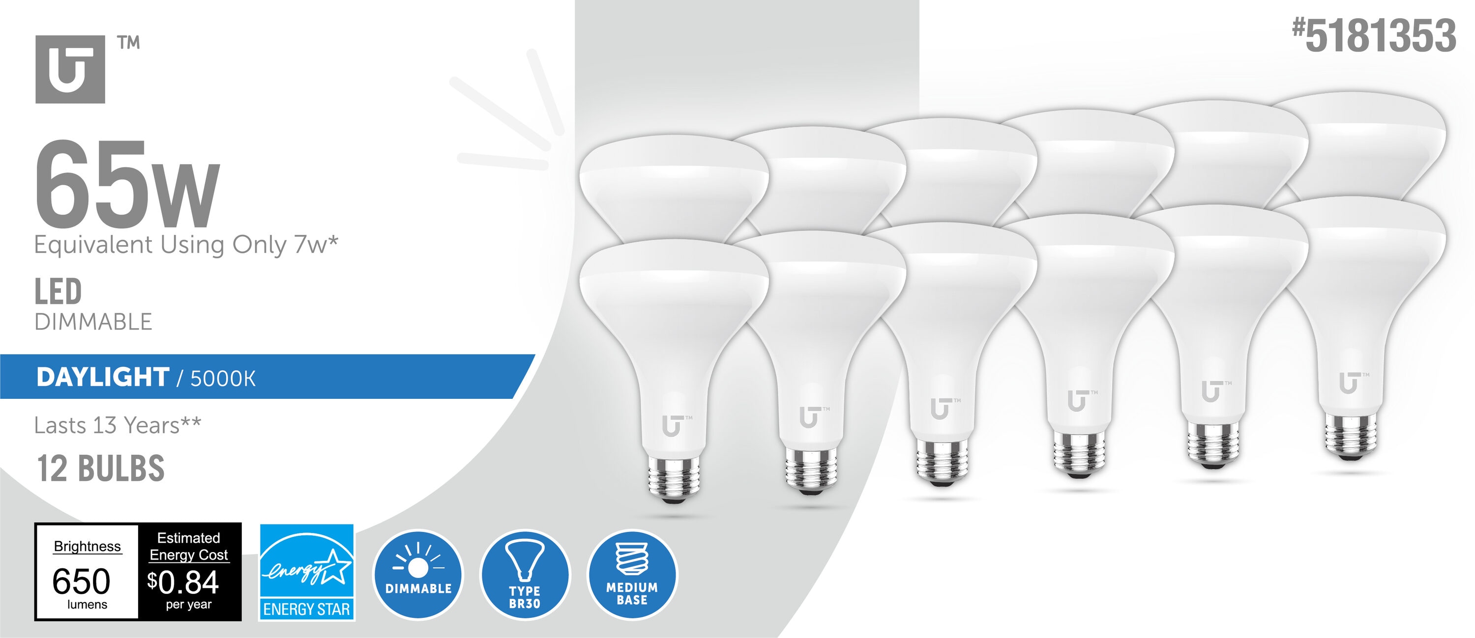 Utilitech LED7BR3050K12CT 65 -Watt EQ BR30 Daylight E26 Dimmable LED General purpose Light Bulb 12 -Pack