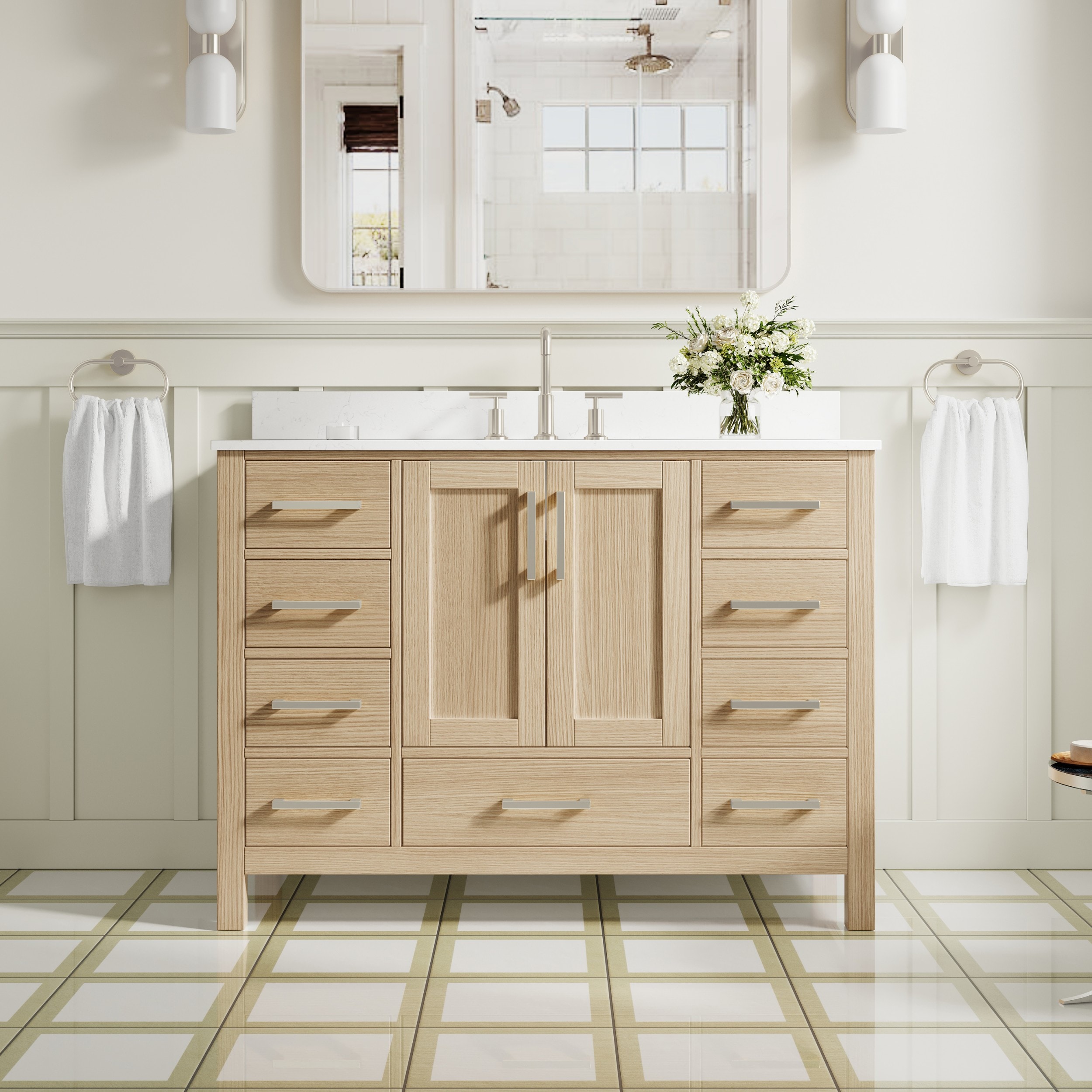 Gtnali - 48-in OAK Fully Assembled Solid Wood Bathroom Vanity with White Cultured Marble Top 4-in...