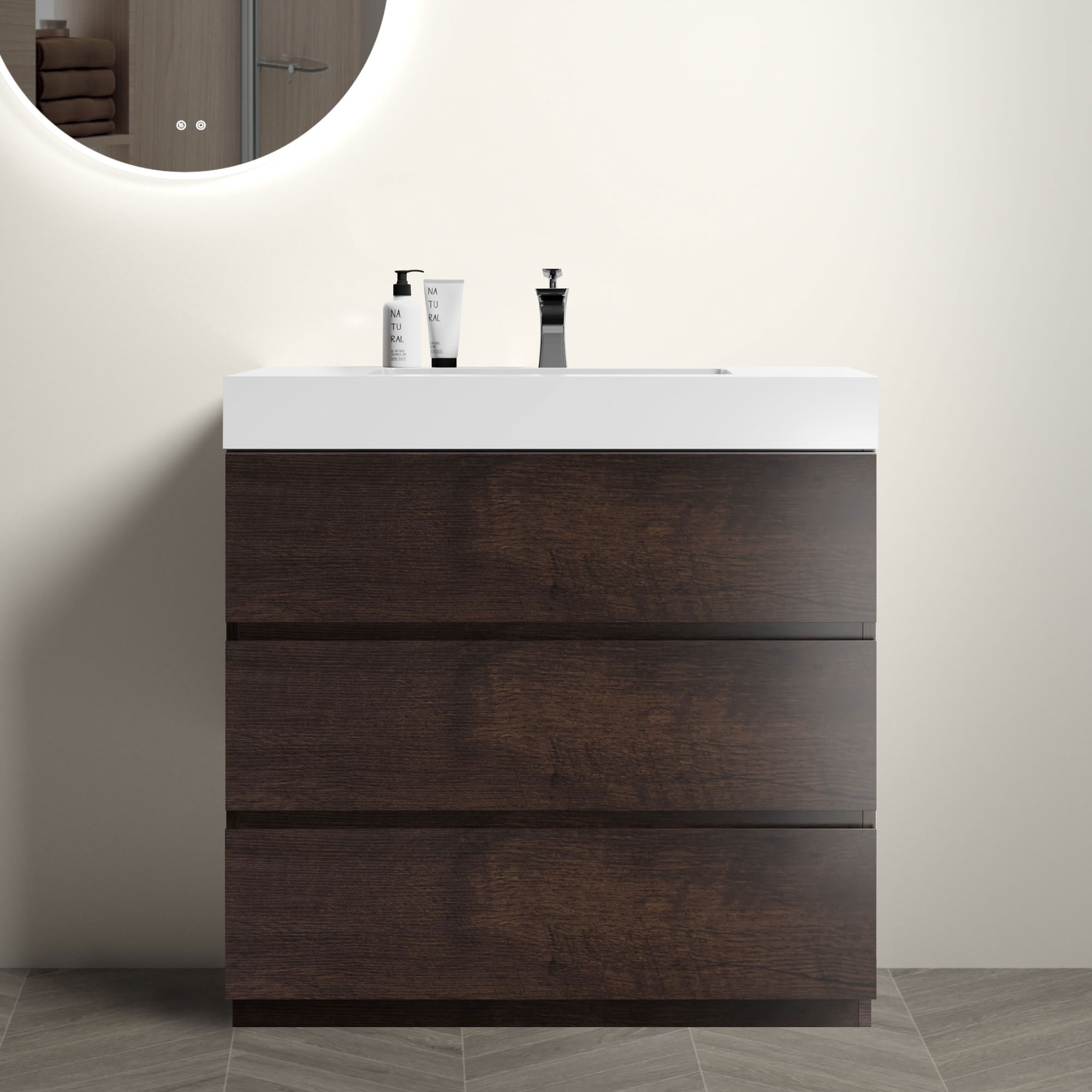Roomfitters  36-Inch Walnut Freestanding Bathroom Vanity Set with Large Storage and White Integrated Sink Basin Top