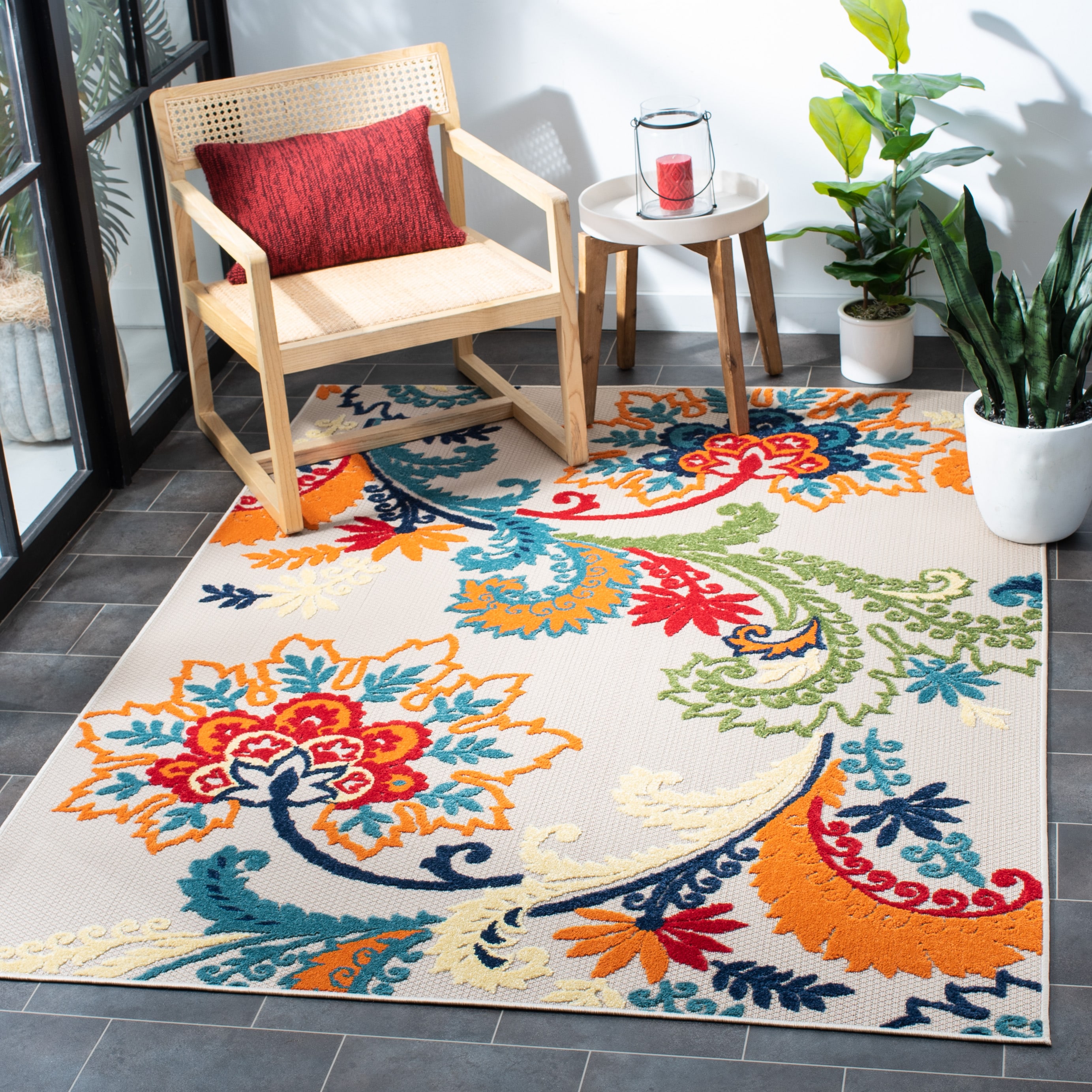 Safavieh CBN305A-4 Cabana 4 x 6 (ft) Loomed Synthetic Ivory/Blue Rectangular Indoor/Outdoor Floral Tropical Area rug
