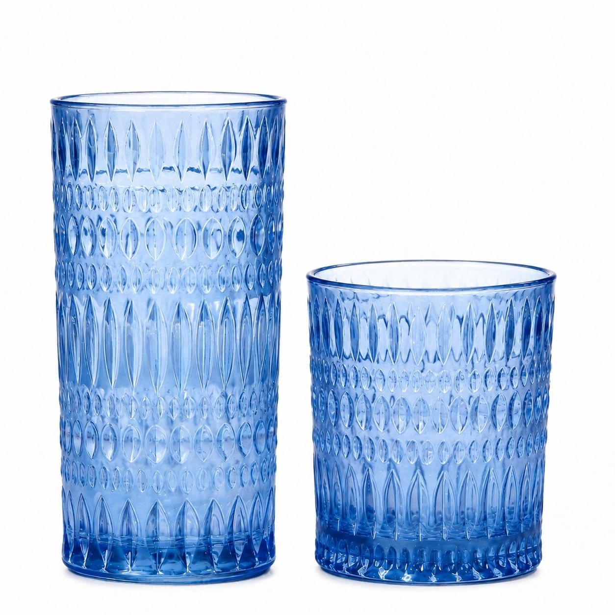 Aoibox  14 oz and 10 oz Blue Ribbed Embossed Highball and Short Drinking Glasses Vintage Glassware Set of 8