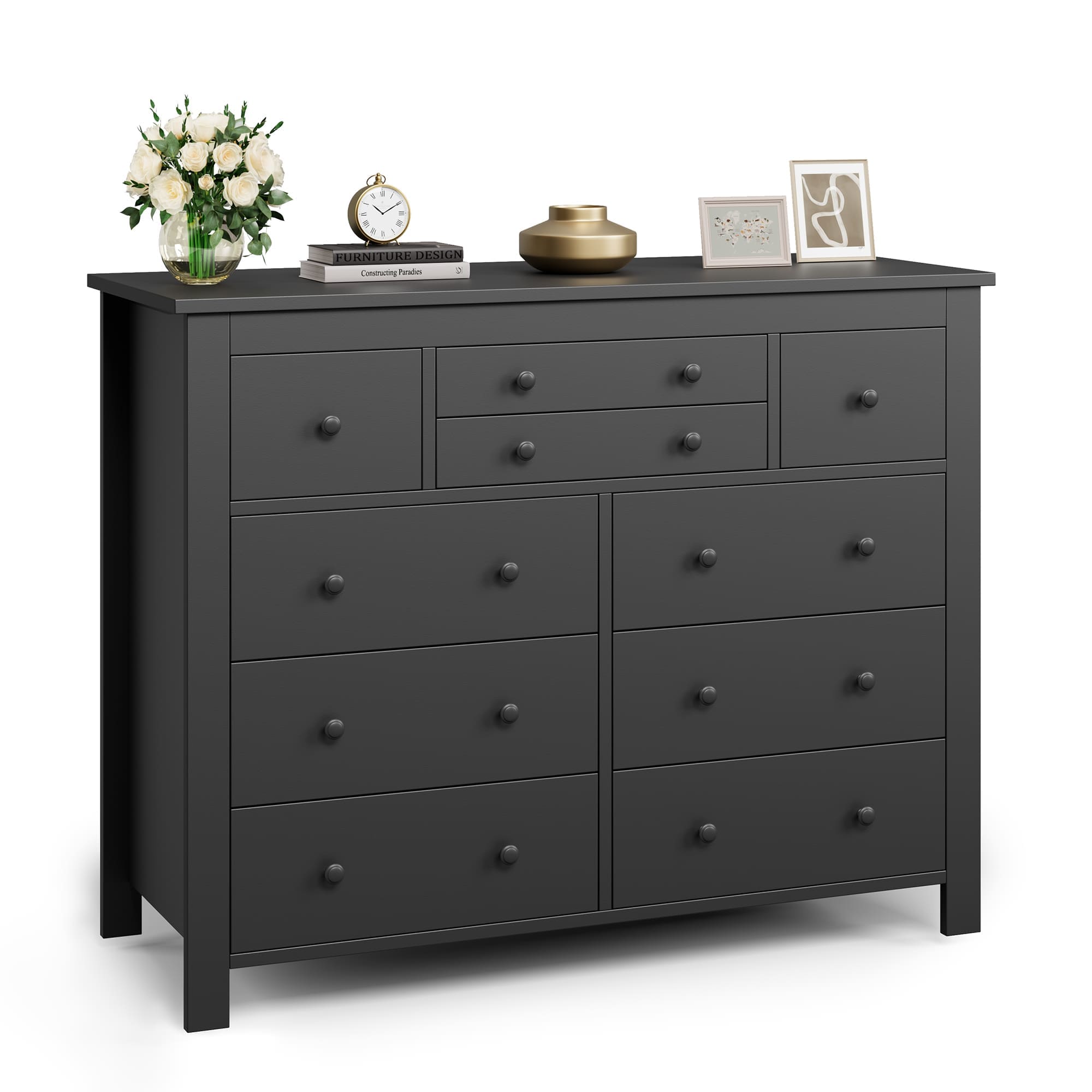 Qeetex 47 Inch Wide 10 Drawer Wooden Dresser Long Chest of Drawers Black | SUN-PHK-34UJADRP