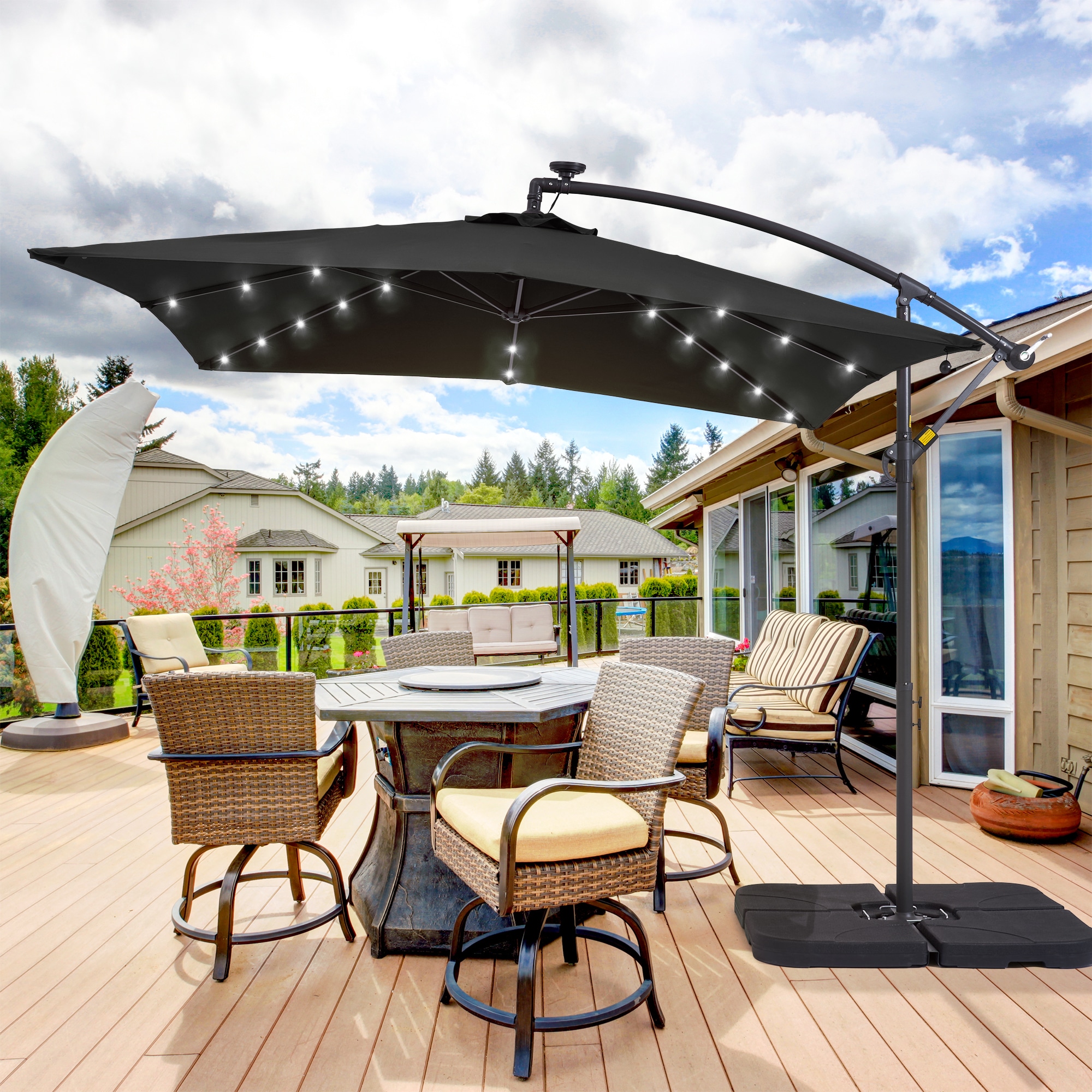 ACEGOSES LW-65BK 8.2-ft Steel Black No-tilt Offset Patio Umbrella with Lights with Base