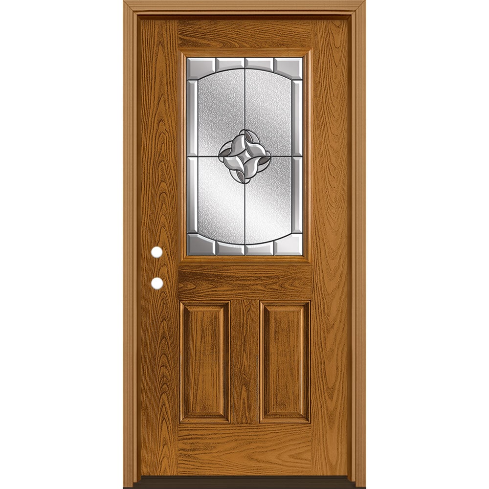 Masonite 3422896 Rozet 36-in x 80-in x 4-9/16-in Fiberglass Half lite Right-hand inswing Oakcrest Stained Prehung Single door Front Door with Brickmould Insulating core Decorative glass