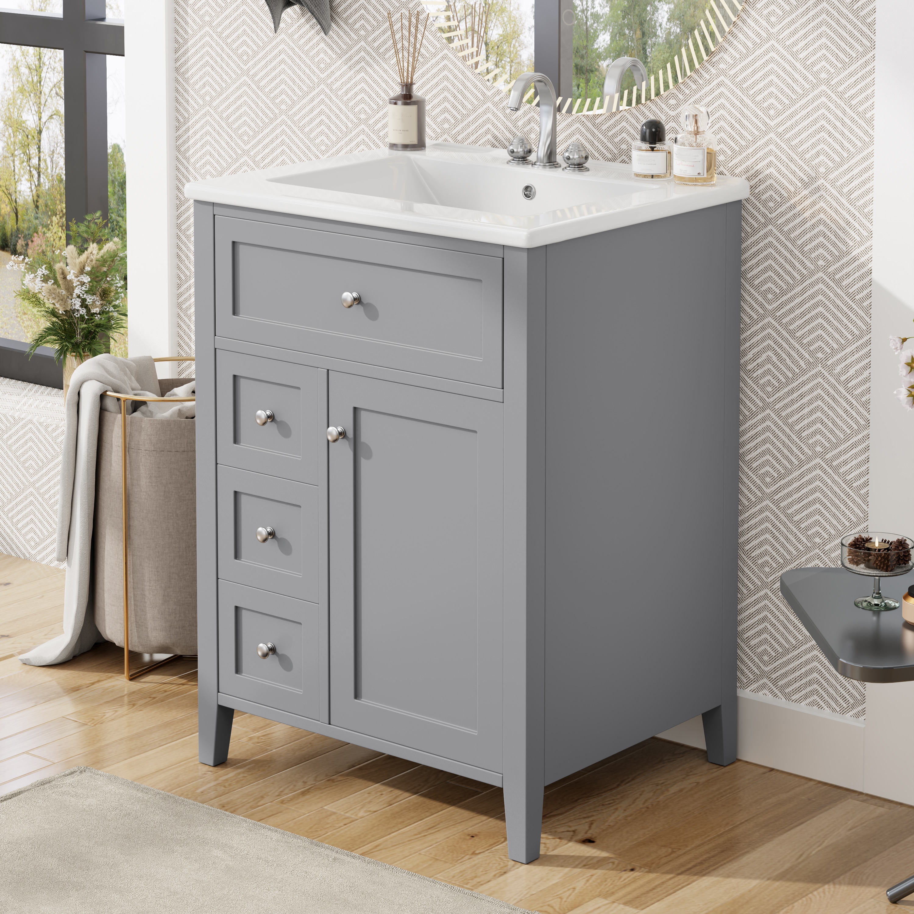 Hrinhom Unassembled 24-in Gray Undermount Single Sink Bathroom Vanity with Gray Ceramic Top