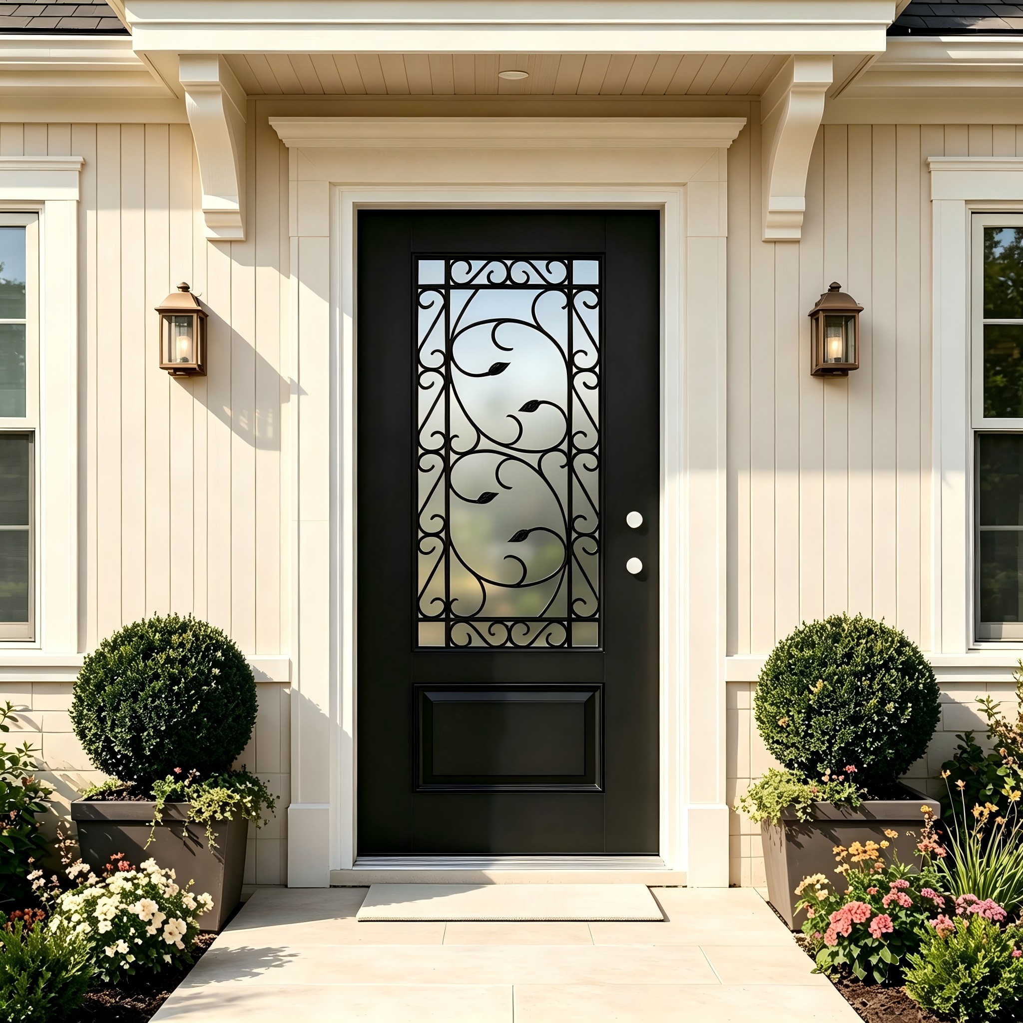 Misty Moon 36-in x 80-in Black Fiberglass Left Hand Inswing Entry Door with 3/4 Lite Wrought Iron Decorative Glass 4-9/16-in Vinyl Stain Jamb Complete Installation Hardware Classic Front Exterior Entry Doors