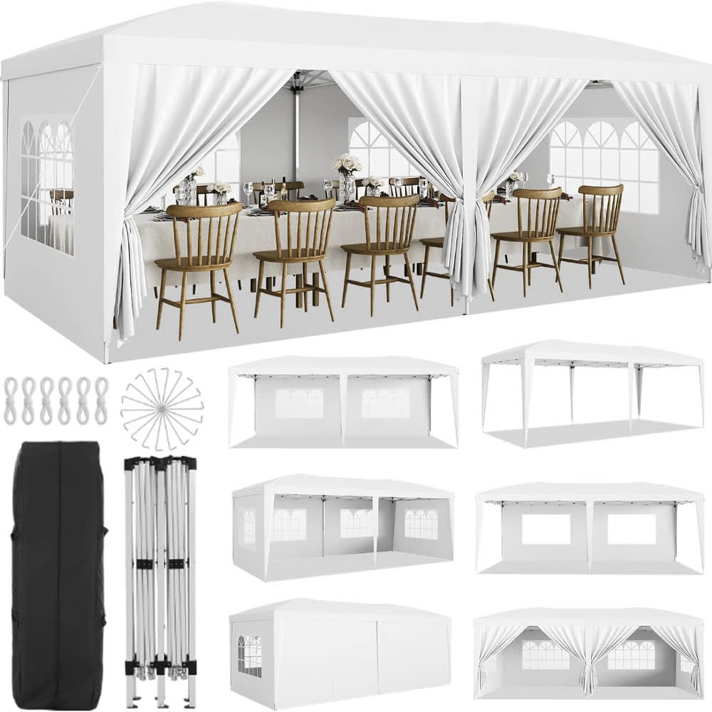 Qeetex CJ-POU-0AAKT3ZH 10x20 Heavy Duty Pop Up Canopy Tent with 6 Removable Sidewalls Easy Up Commercial Canopy Tents for Parties Large Outdoor Canopies with 3 Adjustable Heights Stakes X18 Ropes X6 White