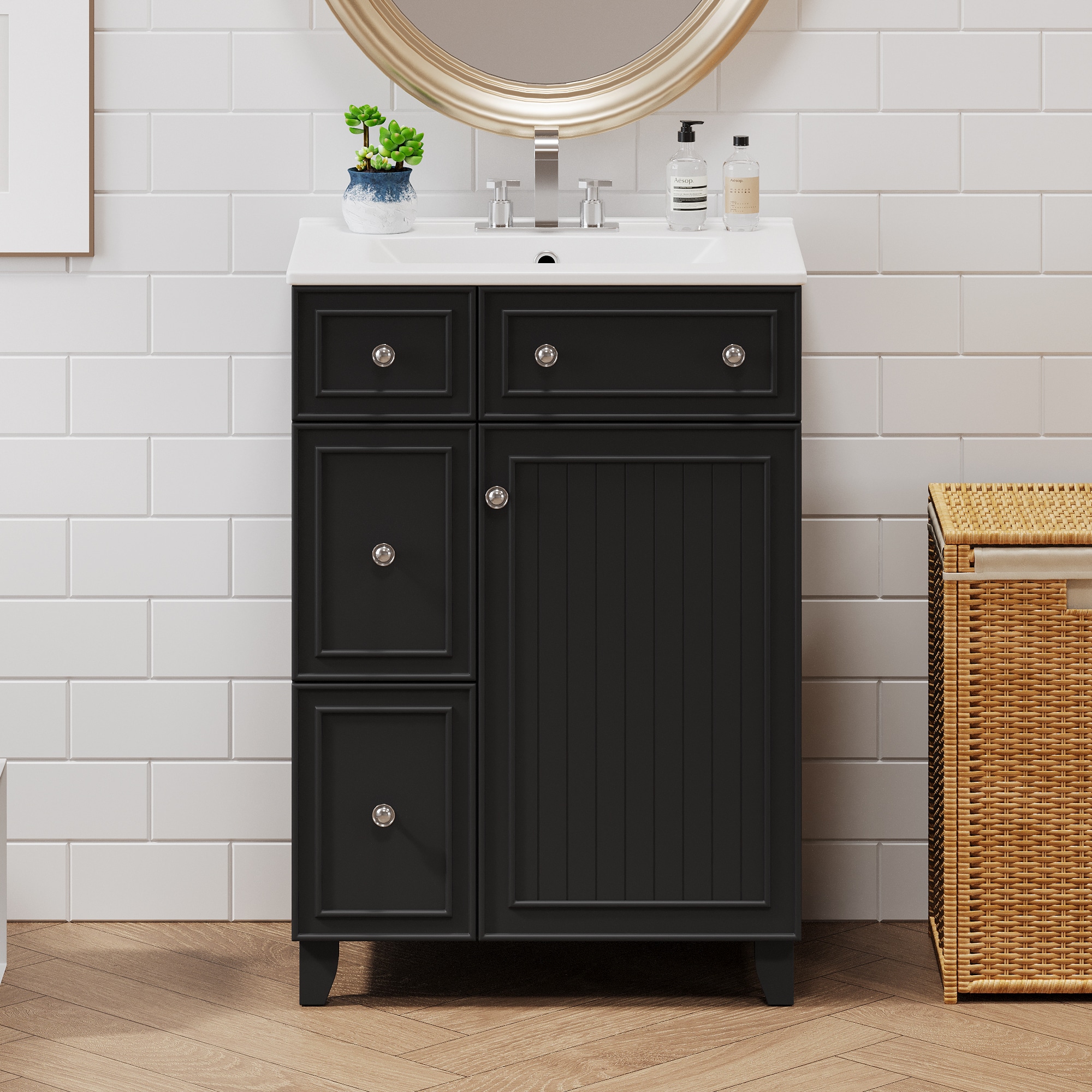 Afhocomp 24-in Single Sink Freestanding Black Bath Vanity with White Integral Ceramic Basin