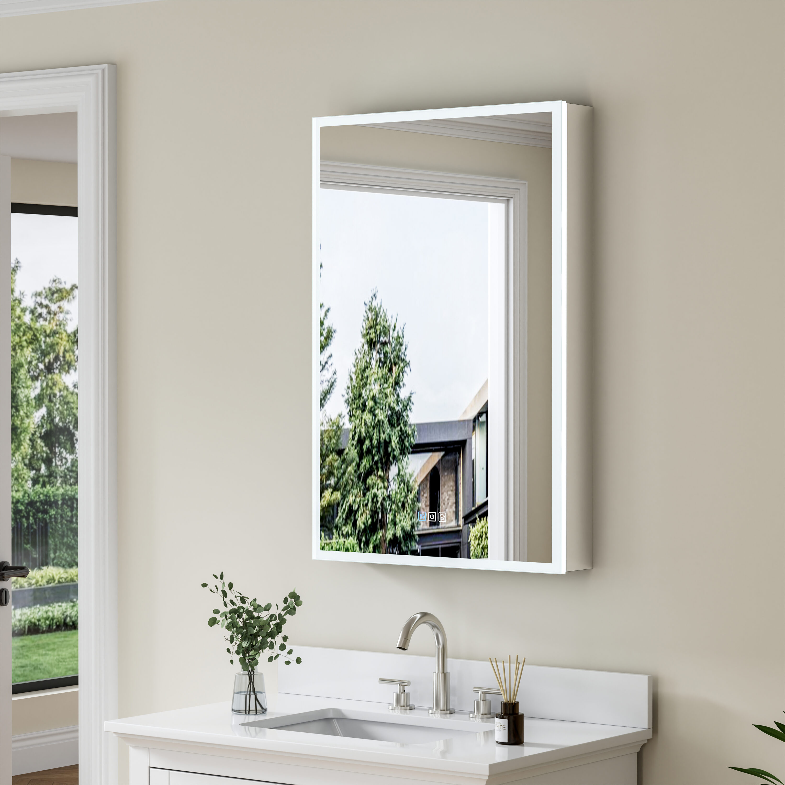 Forclover Medicine Cabinet With 3x Magnifying Mirror 24-in x 36-in Lighted LED Fog Free Surface/Recessed Mount Aluminum Mirrored Rectangle Soft Close Medicine Cabinet with Outlet