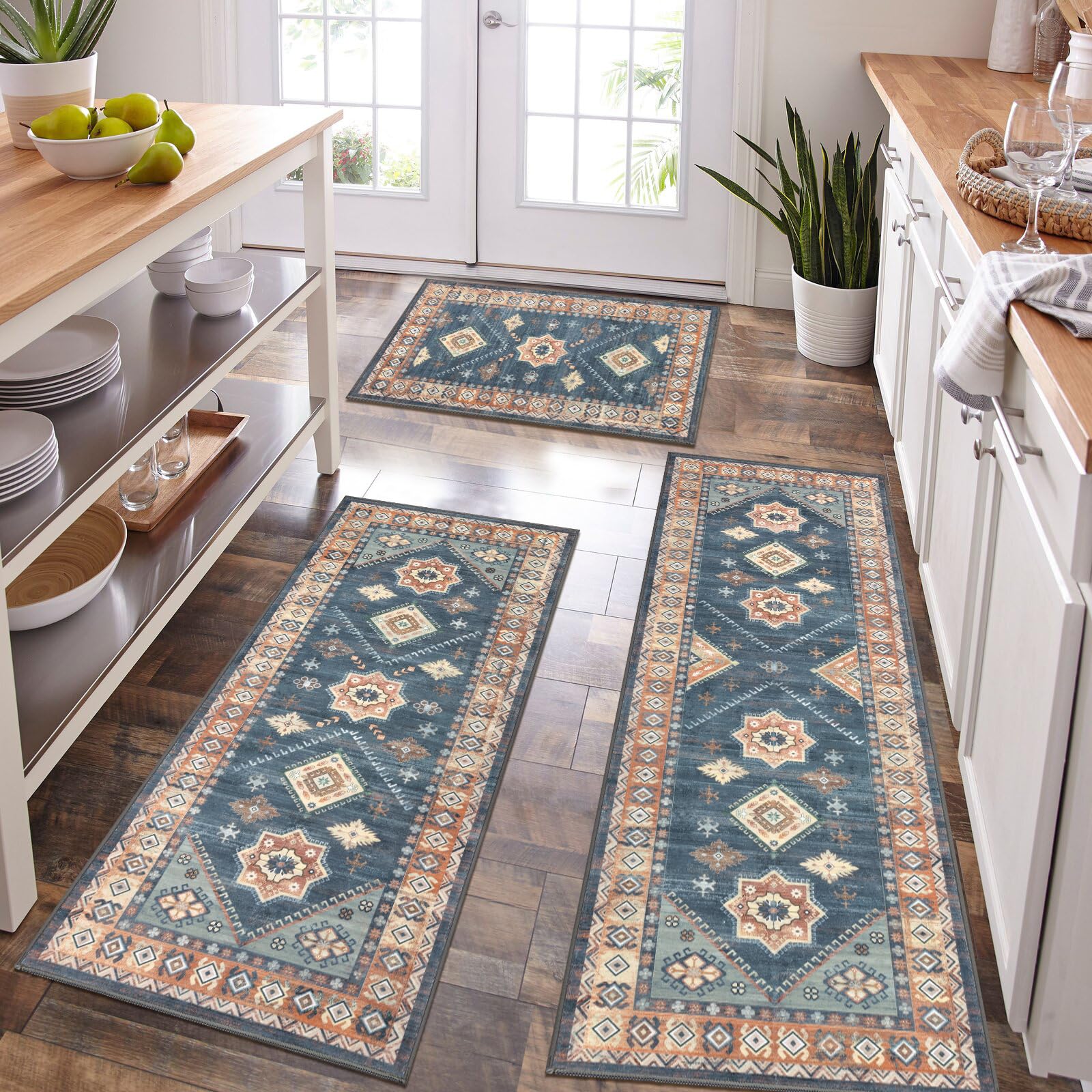 OMOMMD Boho Kitchen Rug Sets 3 Piece with Runner Non Slip Washable ...