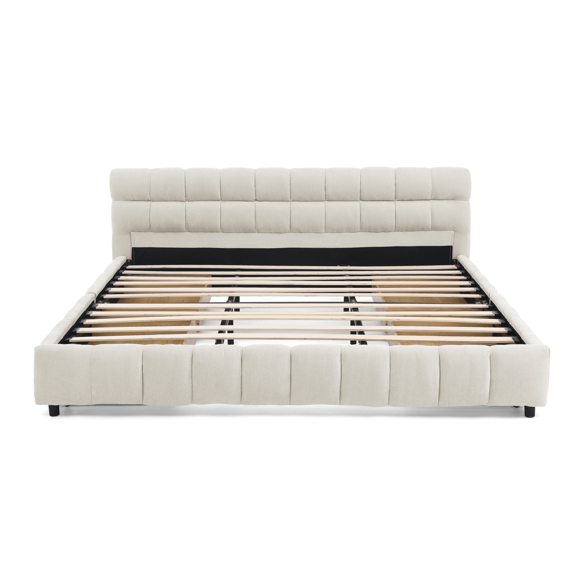 Bybafun - King Beige Wood Tufted Bed Frame Storage with Headboard
