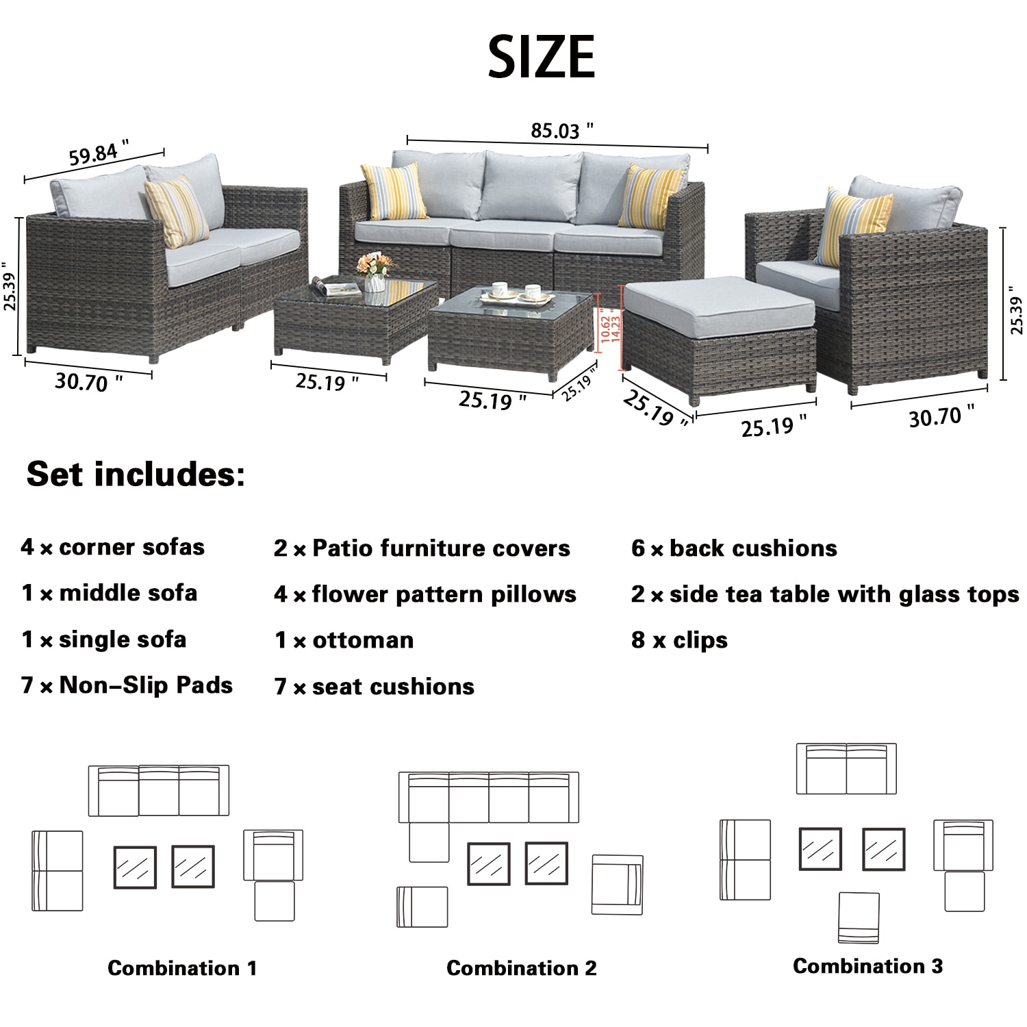 Ovios 9-Piece Rattan Patio Conversation Set with Gray Cushions in the ...