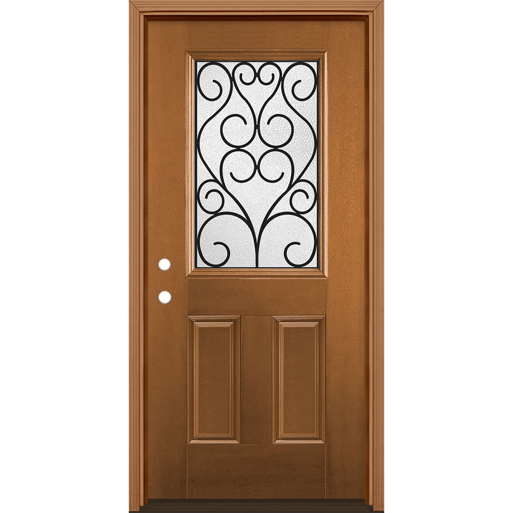 Masonite 3420698 Iron Springs 36-in x 80-in x 4-9/16-in Fiberglass Half lite Right-hand inswing Woodhaven Stained Prehung Front Door with Brickmould Insulating core
