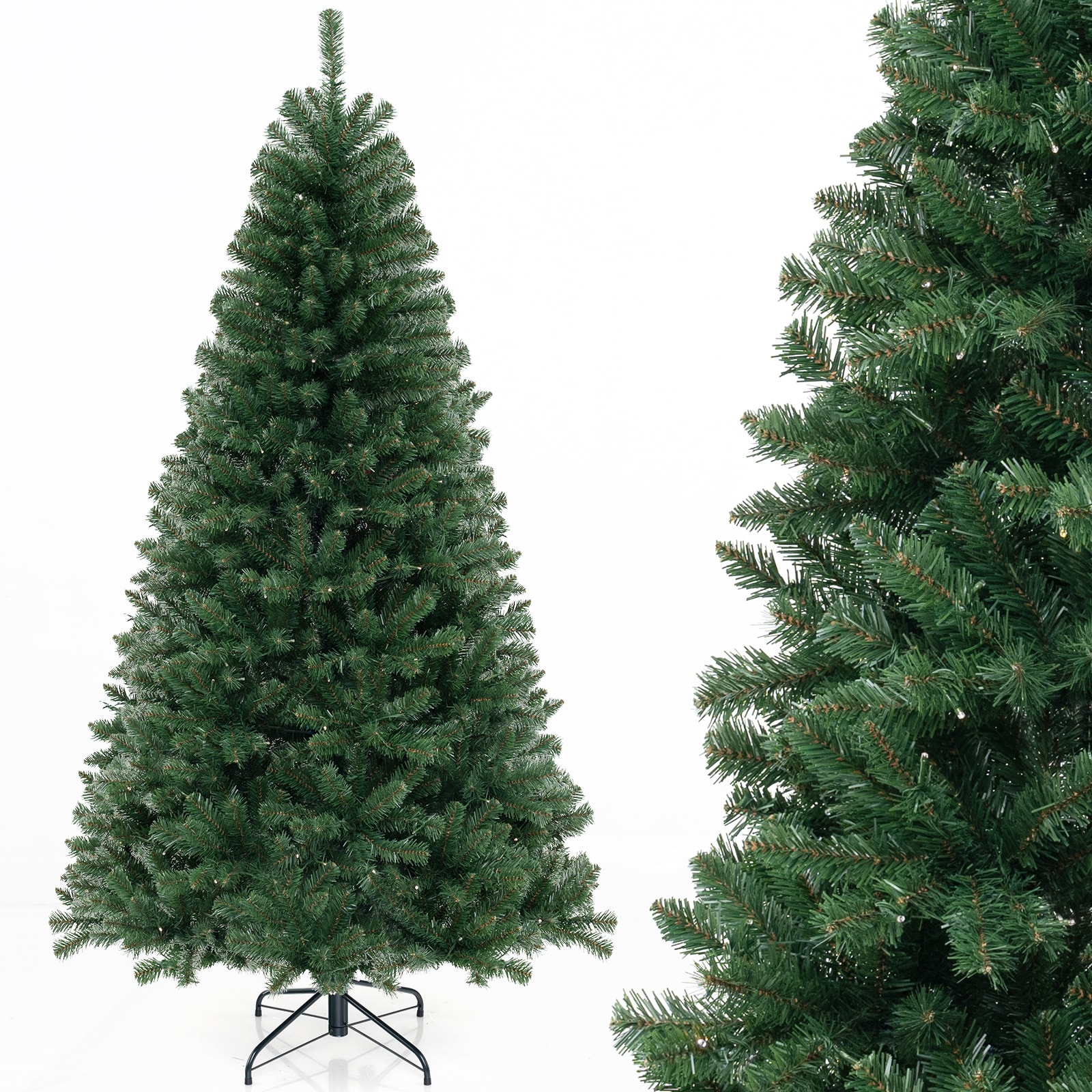 Slickblue 7 ft PE/PVC Pre-lit Full Upright Unflocked Green Artificial Christmas Tree with Warm White LED Lights 250 Warm White LED Lights 830 Tips 8 Lighting Modes