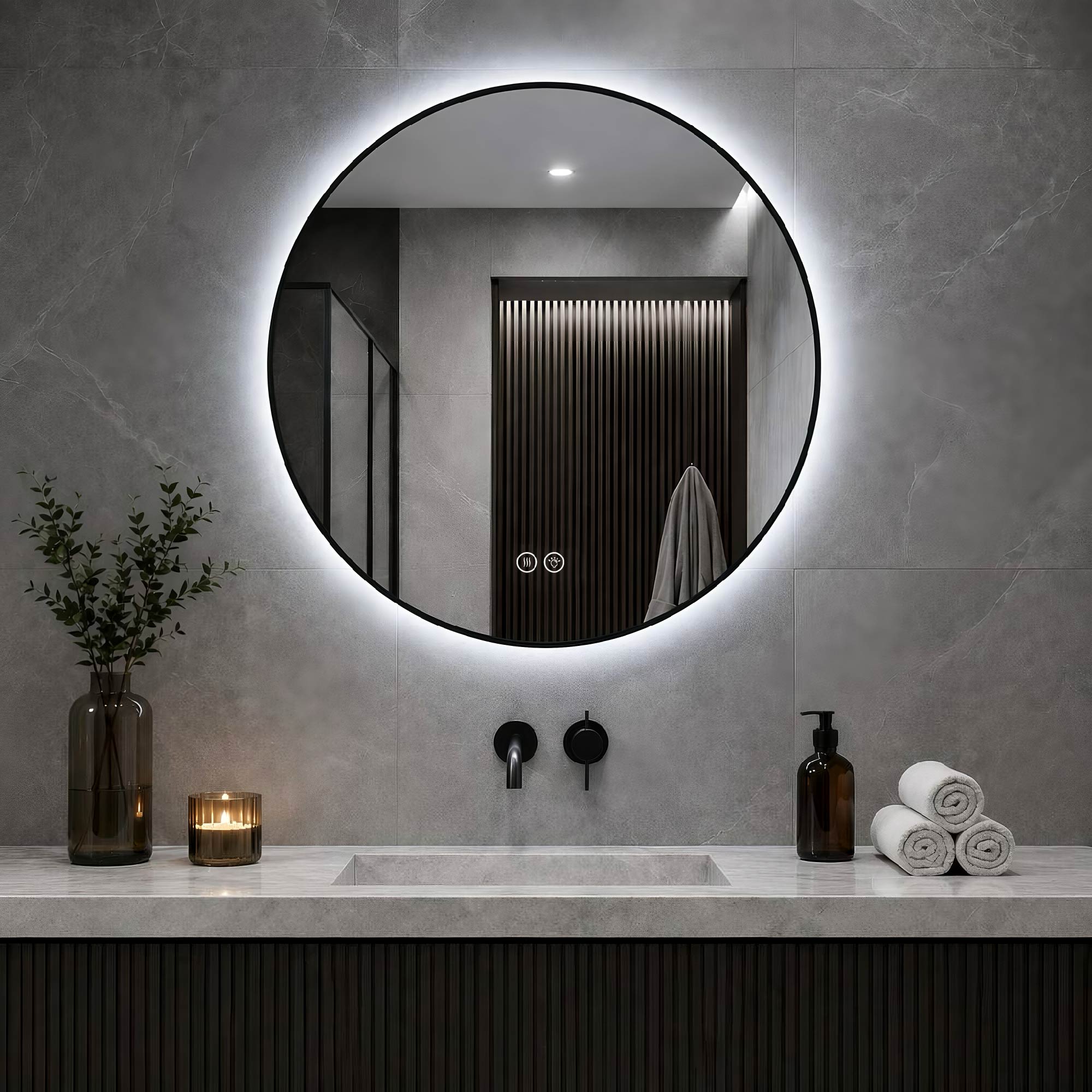 Tahanbath 24 in Round Black Aluminum Framed Dimmable LED Bathroom Mirror with Anti-Fog