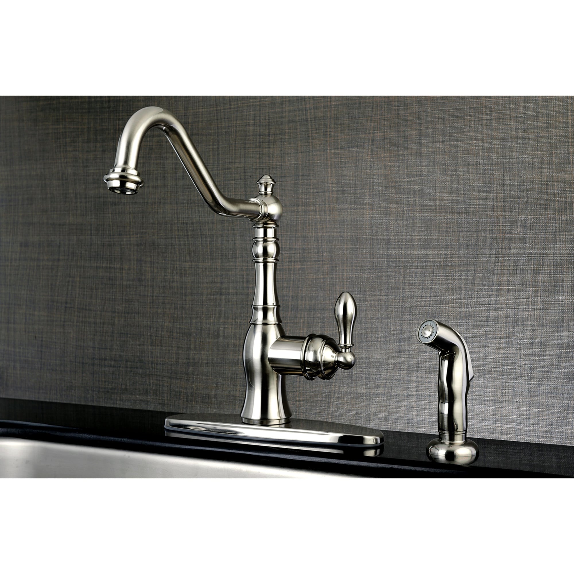 Kingston Brass WLGSY7708ACLSP American Classic Brushed nickel Single Handle Deck-mount Kitchen Faucet with Sprayer ( Deck Plate Included ) ( Side Sprayer Included )