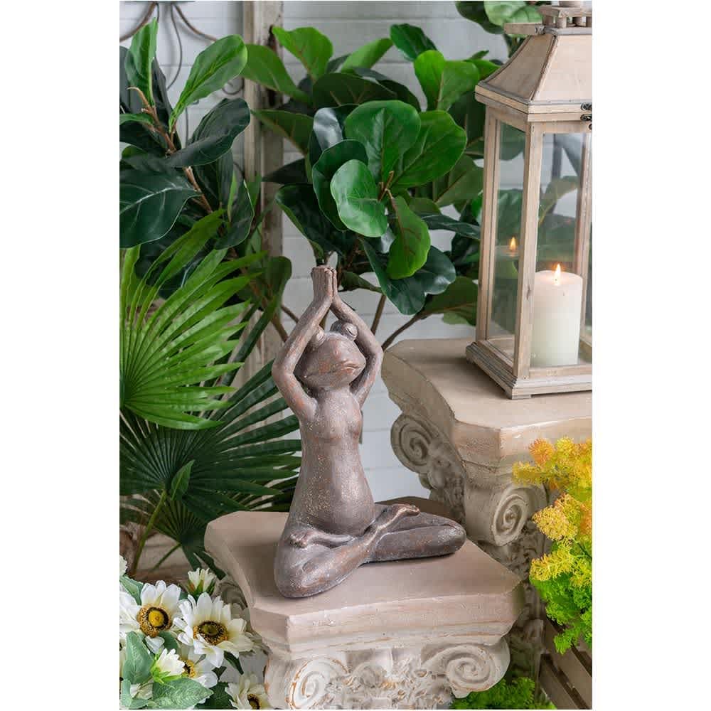 JUJABU ZJSTATUEPLANTER-2 Brown 11.5x6.5x15in Magnesium Yoga Frog Figurine in Namaste Pose with Gold Accents