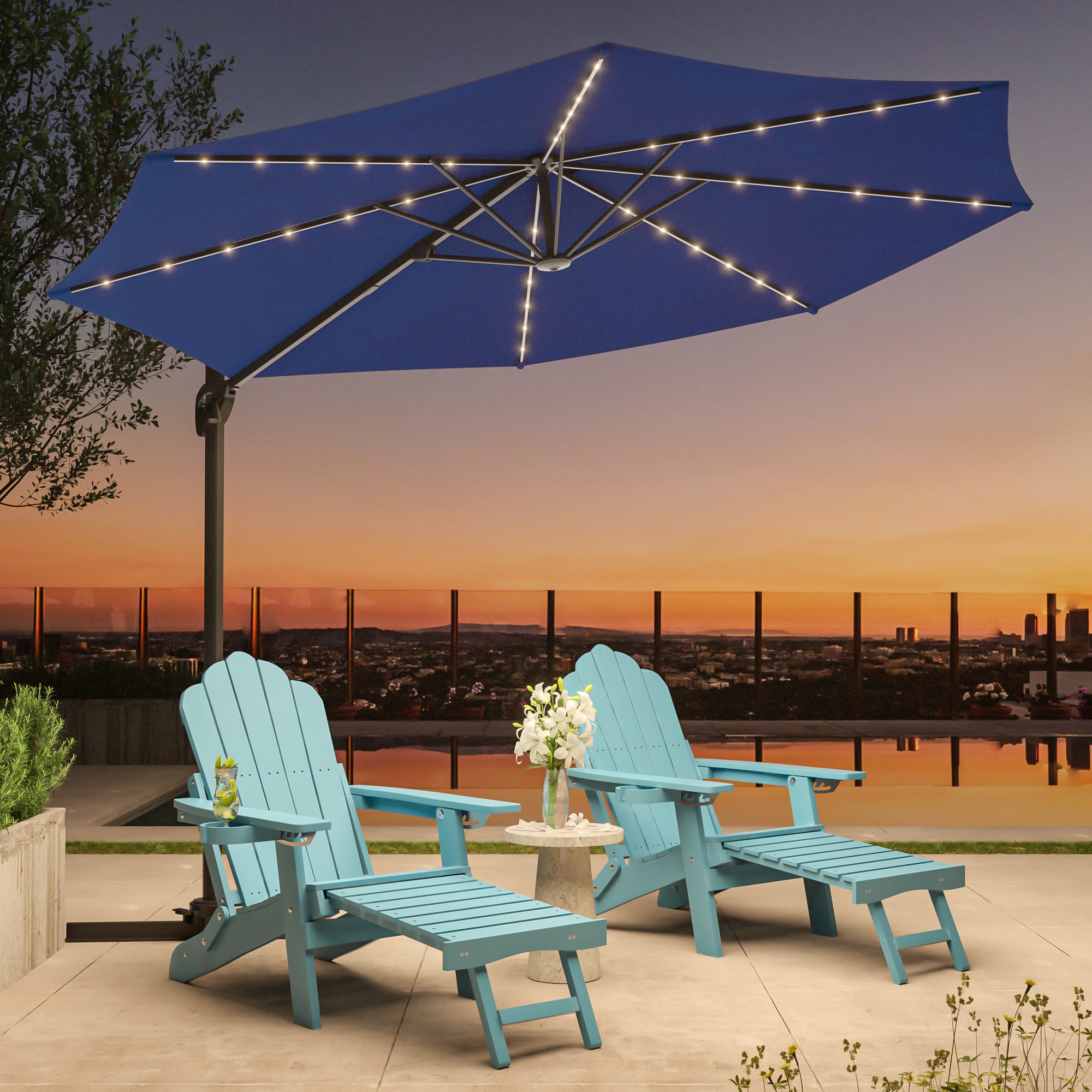 ACEGOSES LW-LED-330BL 10-ft Steel Blue No-tilt Cantilever Patio Umbrella with Lights