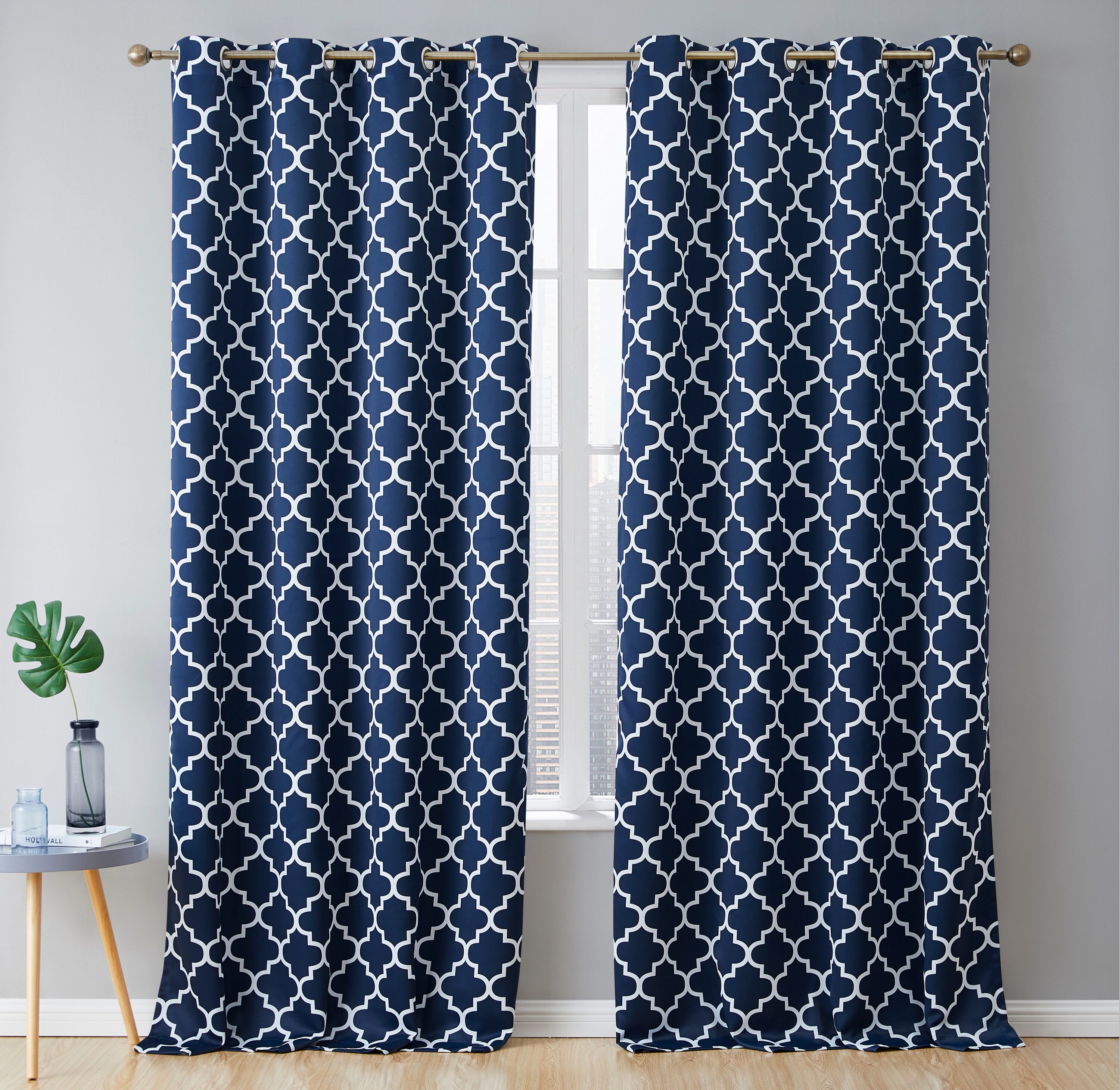 HLC.me  Lattice Print Decorative Blue Blackout Curtains 96 Inch Long - Thermal Insulated Privacy Room Darkening Window Grommet Drapes Modern Curtains for Master Bedroom - Navy Blue - 52 W x 96 L