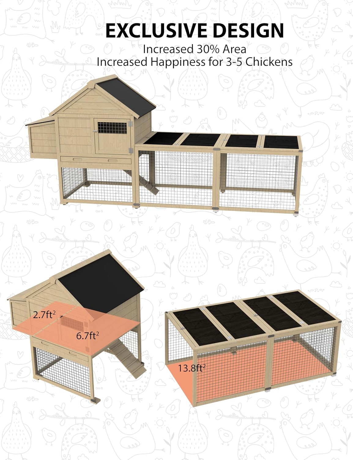Garvee 109in wooden chicken coop for 3 5 chickens outdoor run with ...