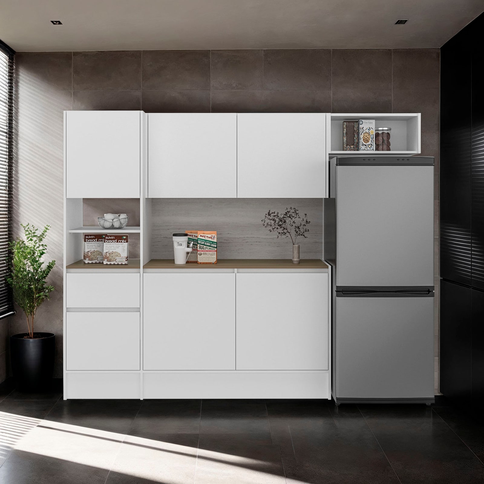 CHITA Modern Wood Kitchen Cabinet Set with 6 Doors 1 Drawer Natural Oak Finish 8 Shelves White And Natural