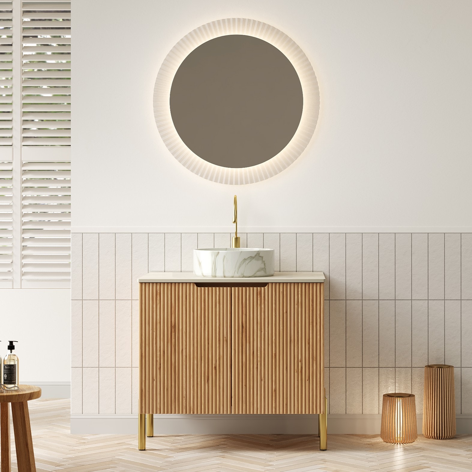 Tinyhomie TURIO 30 Bathroom Vanity With Sink Freestanding Plywood Bathroom Storage Cabinet With 2 Doors White Round Basin With Stone Pattern And Roma Travertine Sintered Stone Counter Top Woodgrain Color